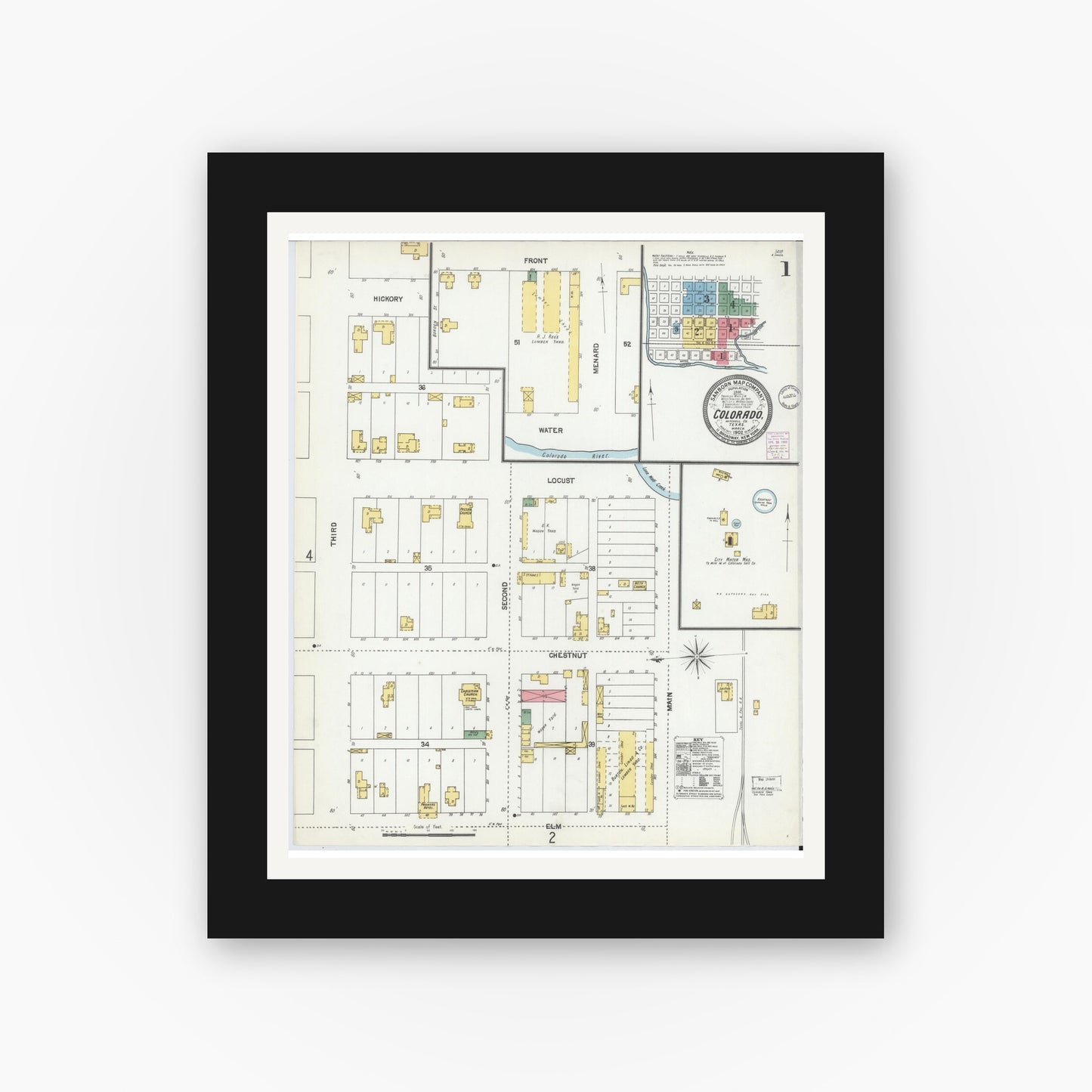Old map wall art mockup — black gallery frame with white mat — Sanborn Fire Insurance Map from Colorado, Mitchell County, Texas (1902), Sheet #0001
