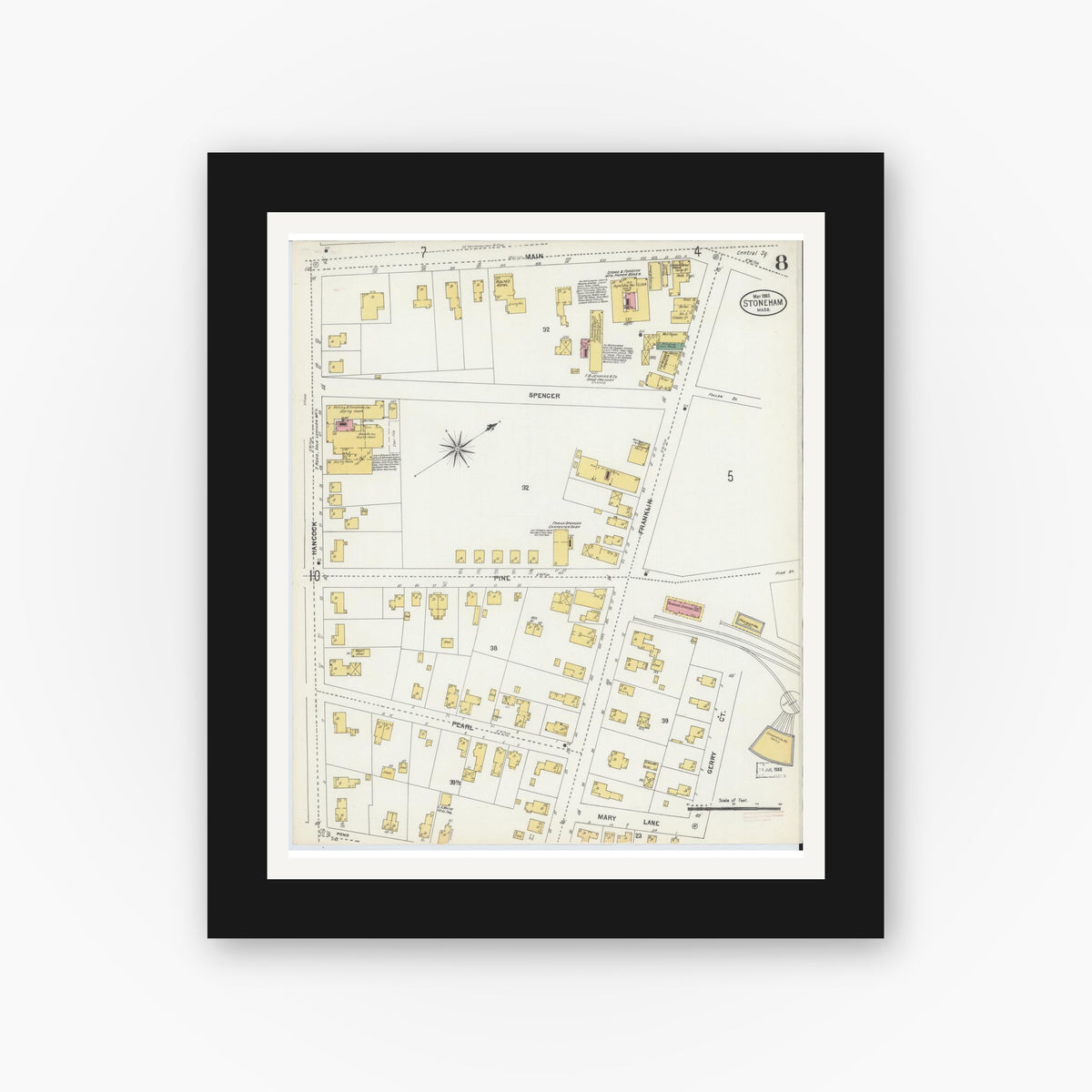 Old map wall art mockup — black gallery frame with white mat — Sanborn Fire Insurance Map from Stoneham, Middlesex County, Massachusetts (1903), Sheet #0008