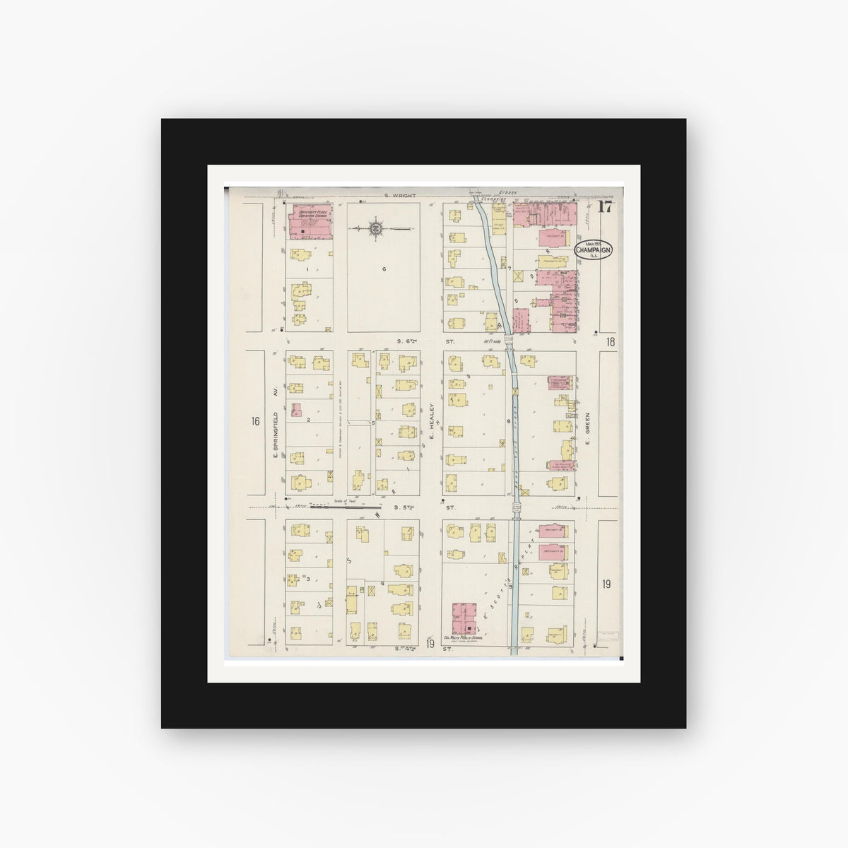 Old map wall art mockup — black gallery frame with white mat — Sanborn Fire Insurance Map from Champaign, Champaign County, Illinois (1915), Sheet #0017