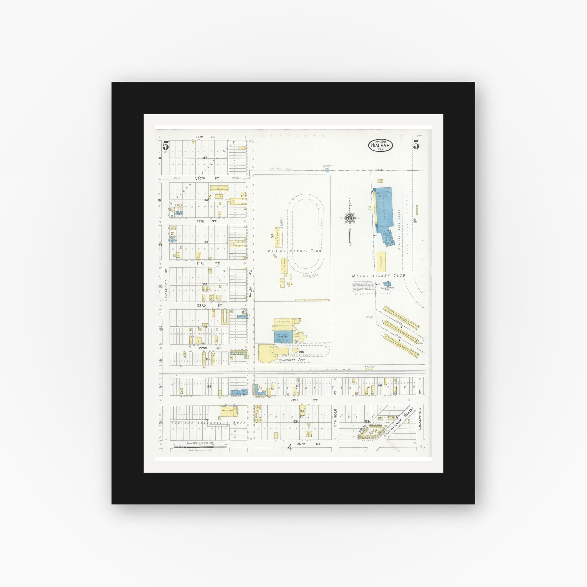 Old map wall art mockup — black gallery frame with white mat — Sanborn Fire Insurance Map from Hialeah, Dade County, Florida (1926), Sheet #0005