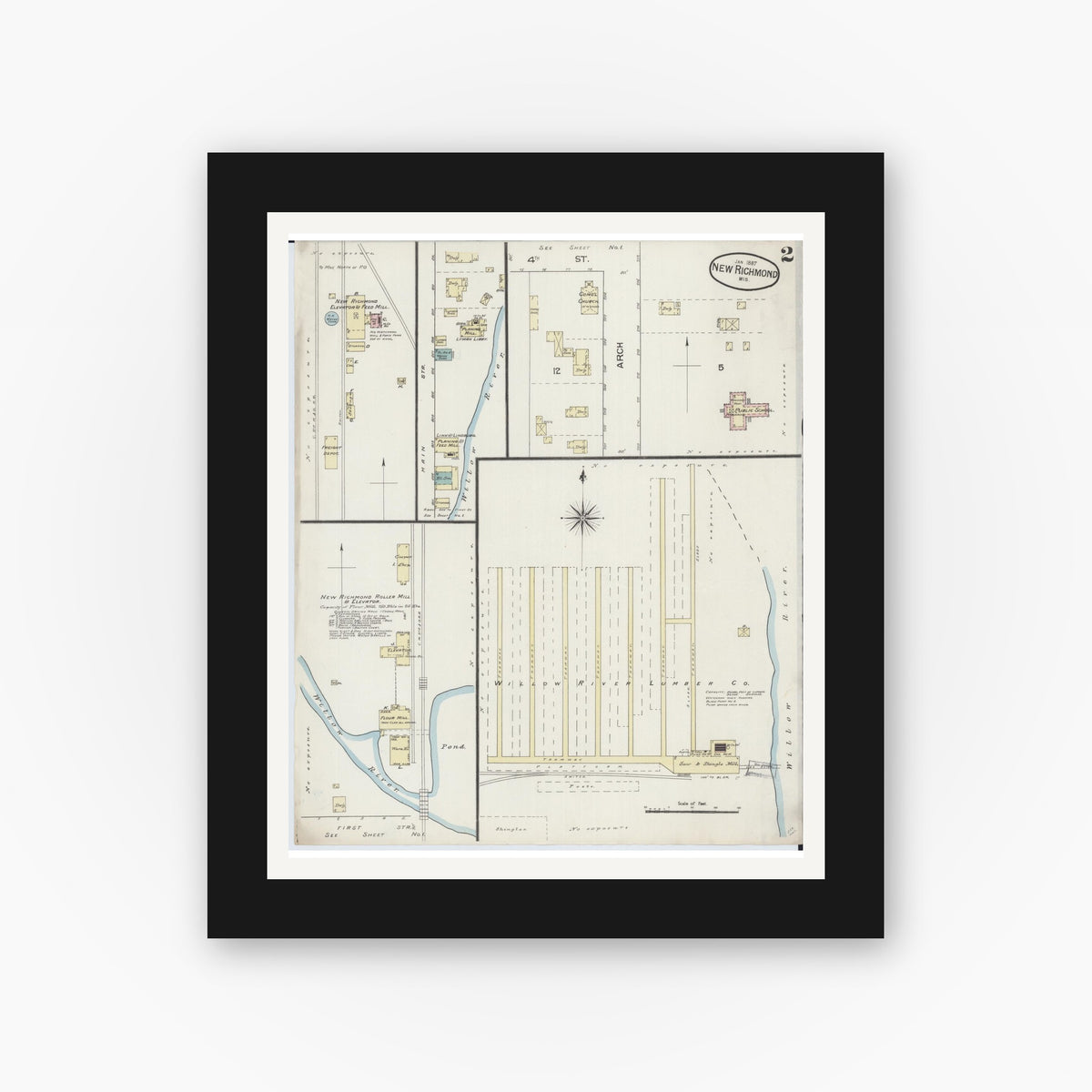 Old map wall art mockup — black gallery frame with white mat — Sanborn Fire Insurance Map from New Richmond, St. Croix County, Wisconsin (1887), Sheet #0002