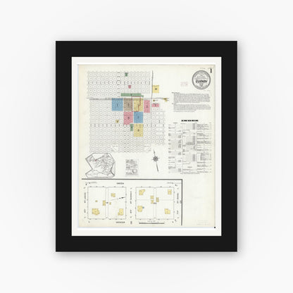 Old map wall art mockup — black gallery frame with white mat — Sanborn Fire Insurance Map from Quanah, Hardeman County, Texas (1915), Sheet #0001