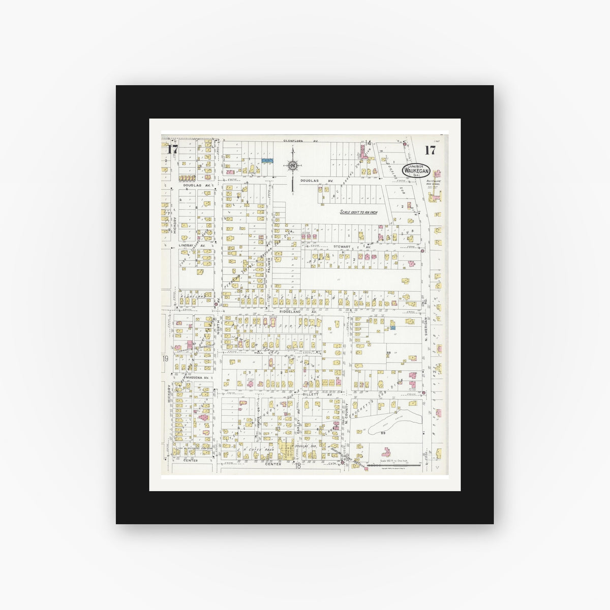 Old map wall art mockup — black gallery frame with white mat — Sanborn Fire Insurance Map from Waukegan, Lake County, Illinois (1924), Sheet #0017