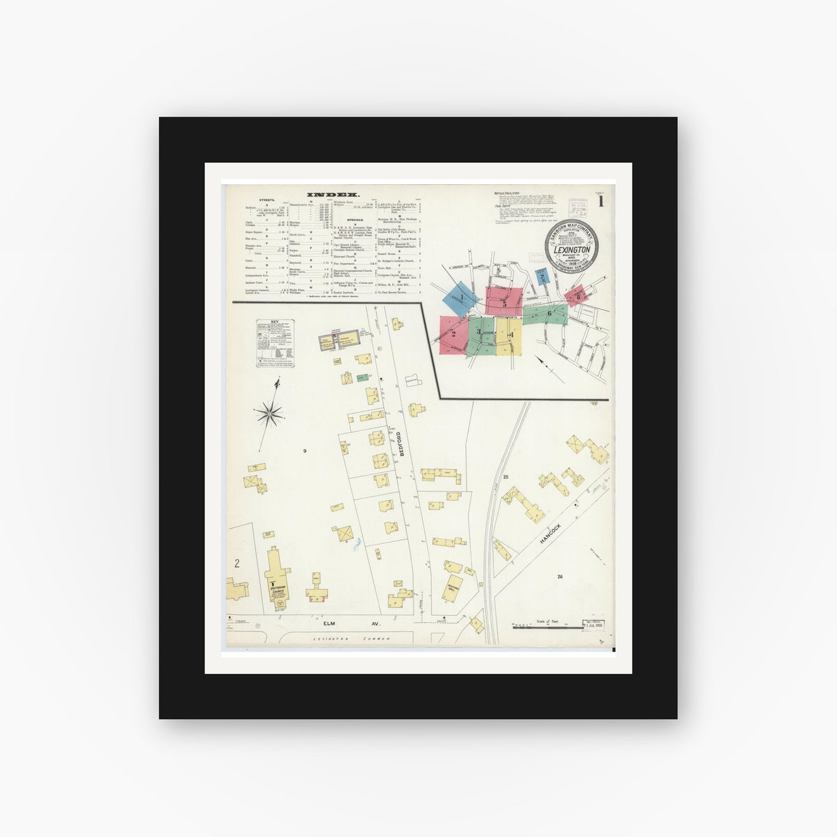 Old map wall art mockup — black gallery frame with white mat — Sanborn Fire Insurance Map from Lexington, Middlesex County, Massachusetts (1908) - Complete Map Set