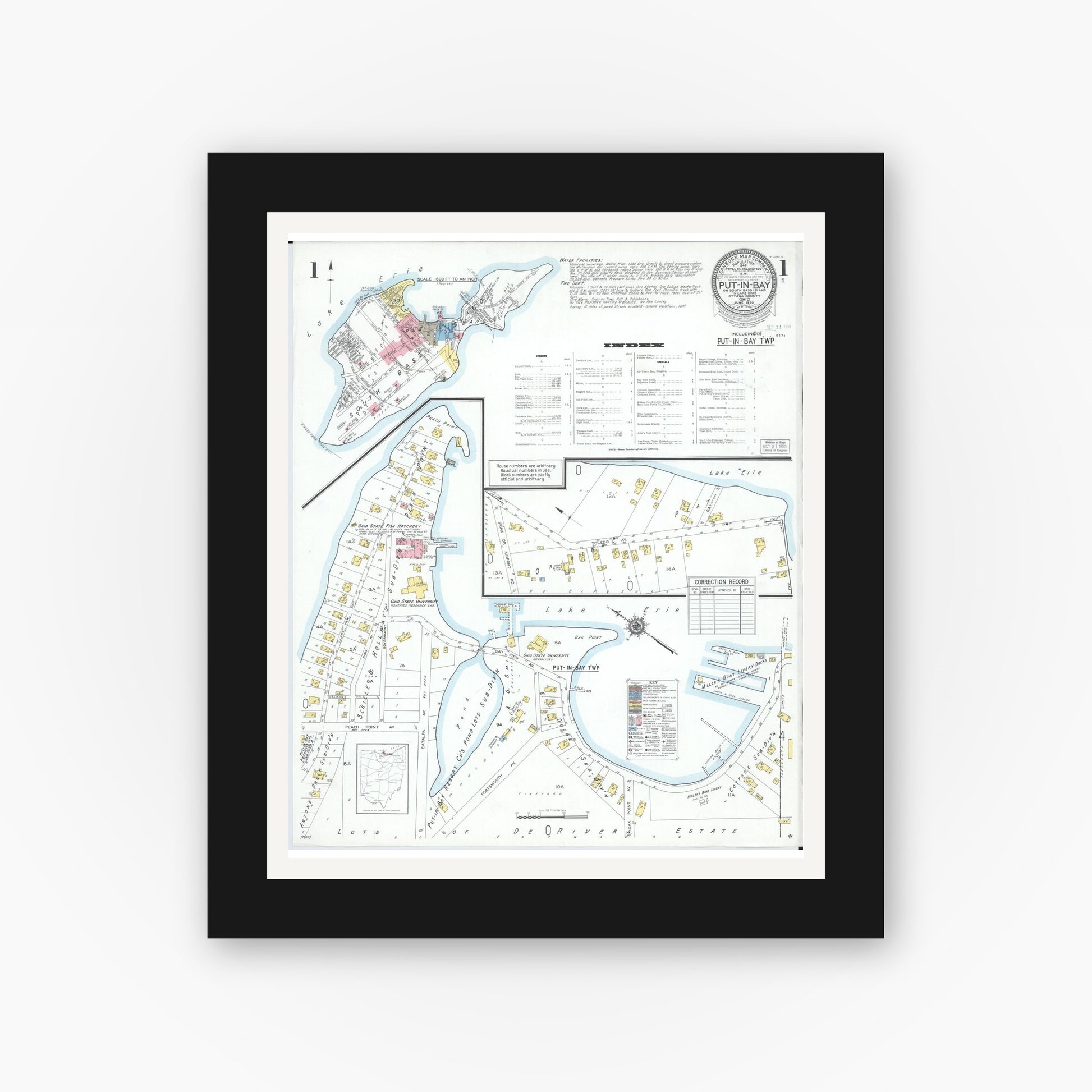 Old map wall art mockup — black gallery frame with white mat — Sanborn Fire Insurance Map from Put-in-bay, Ottawa County, Ohio (1950) - Complete Map Set