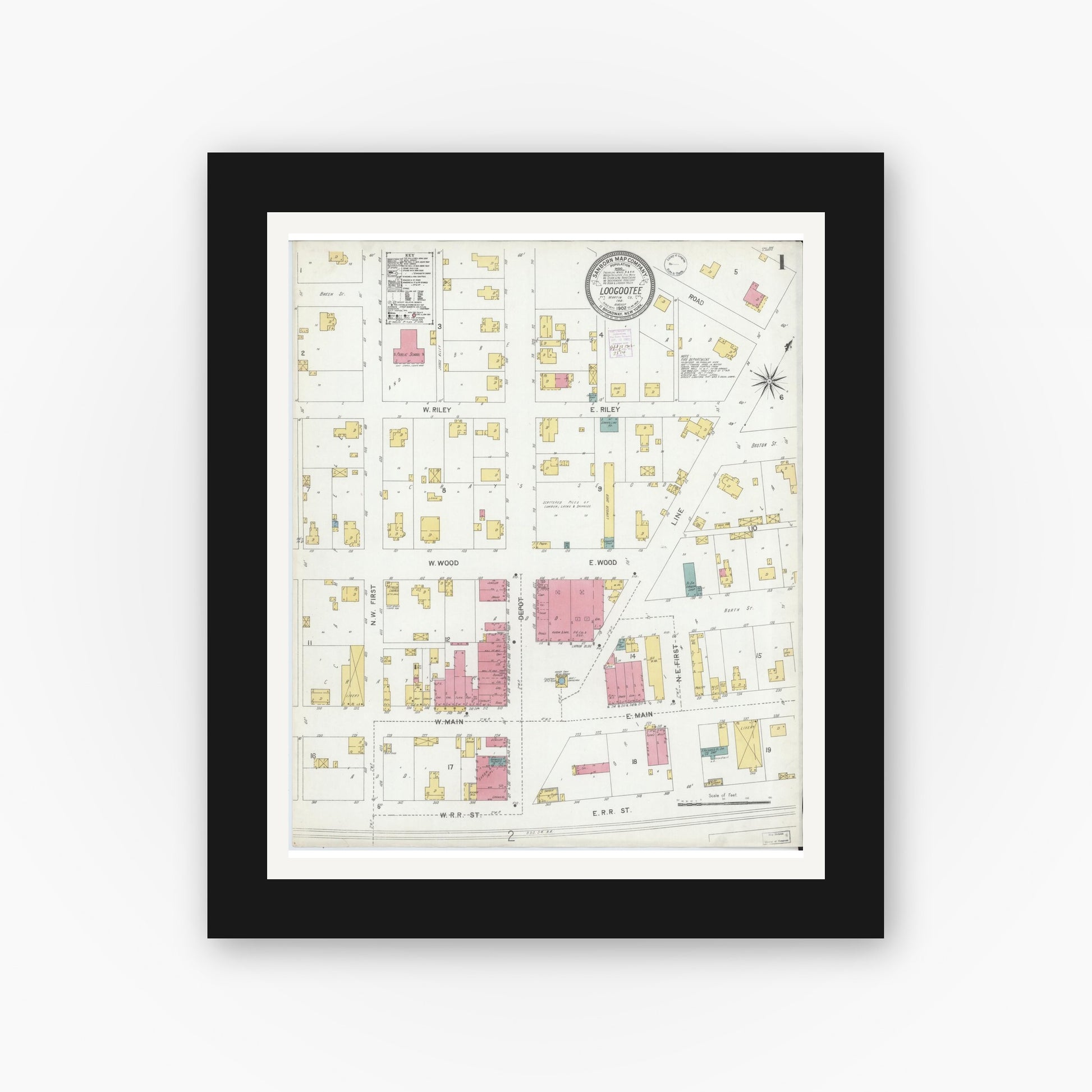Old map wall art mockup — black gallery frame with white mat — Sanborn Fire Insurance Map from Loogootee, Martin County, Indiana (1902) - Complete Map Set