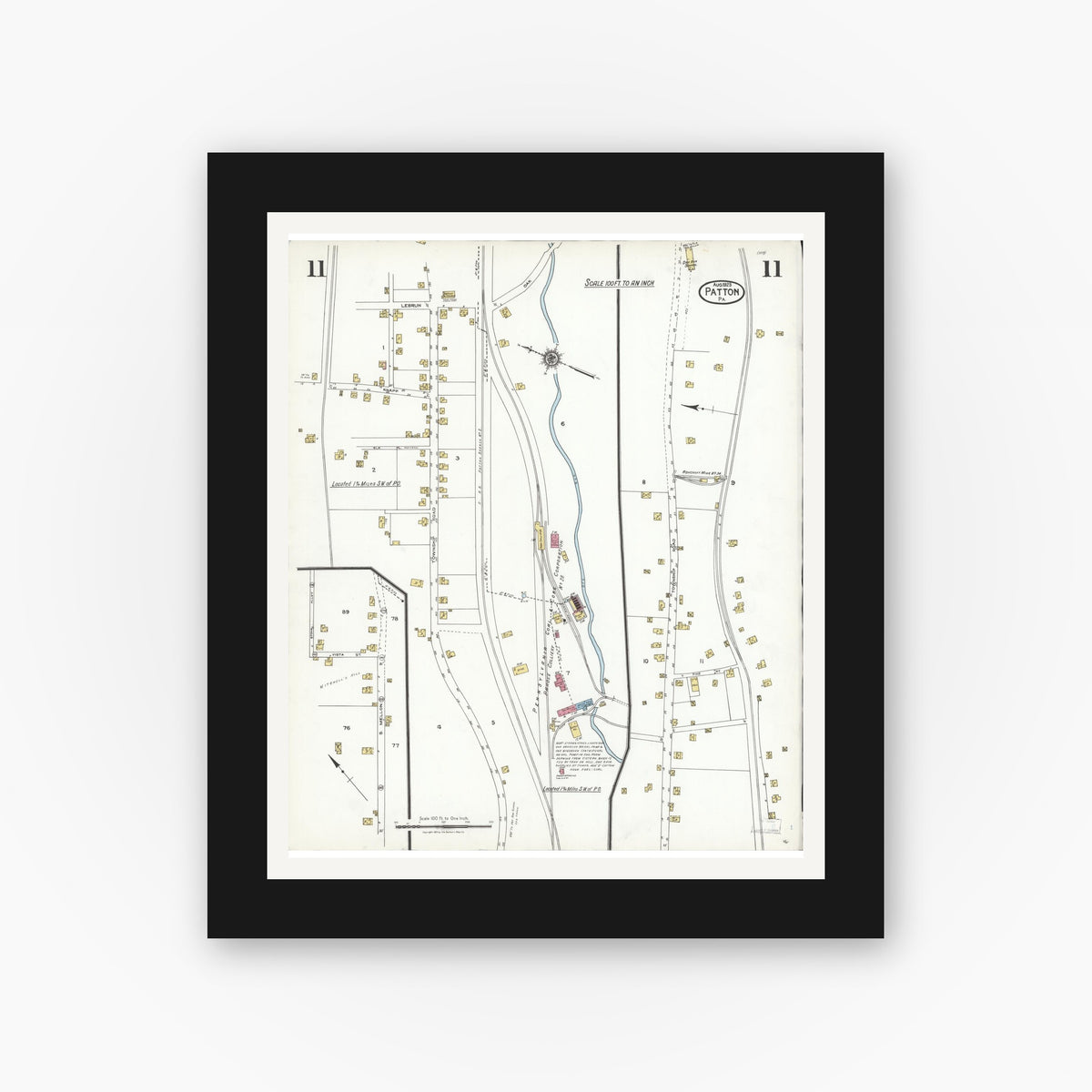 Old map wall art mockup — black gallery frame with white mat — Sanborn Fire Insurance Map from Patton, Cambria County, Pennsylvania (1923), Sheet #0011