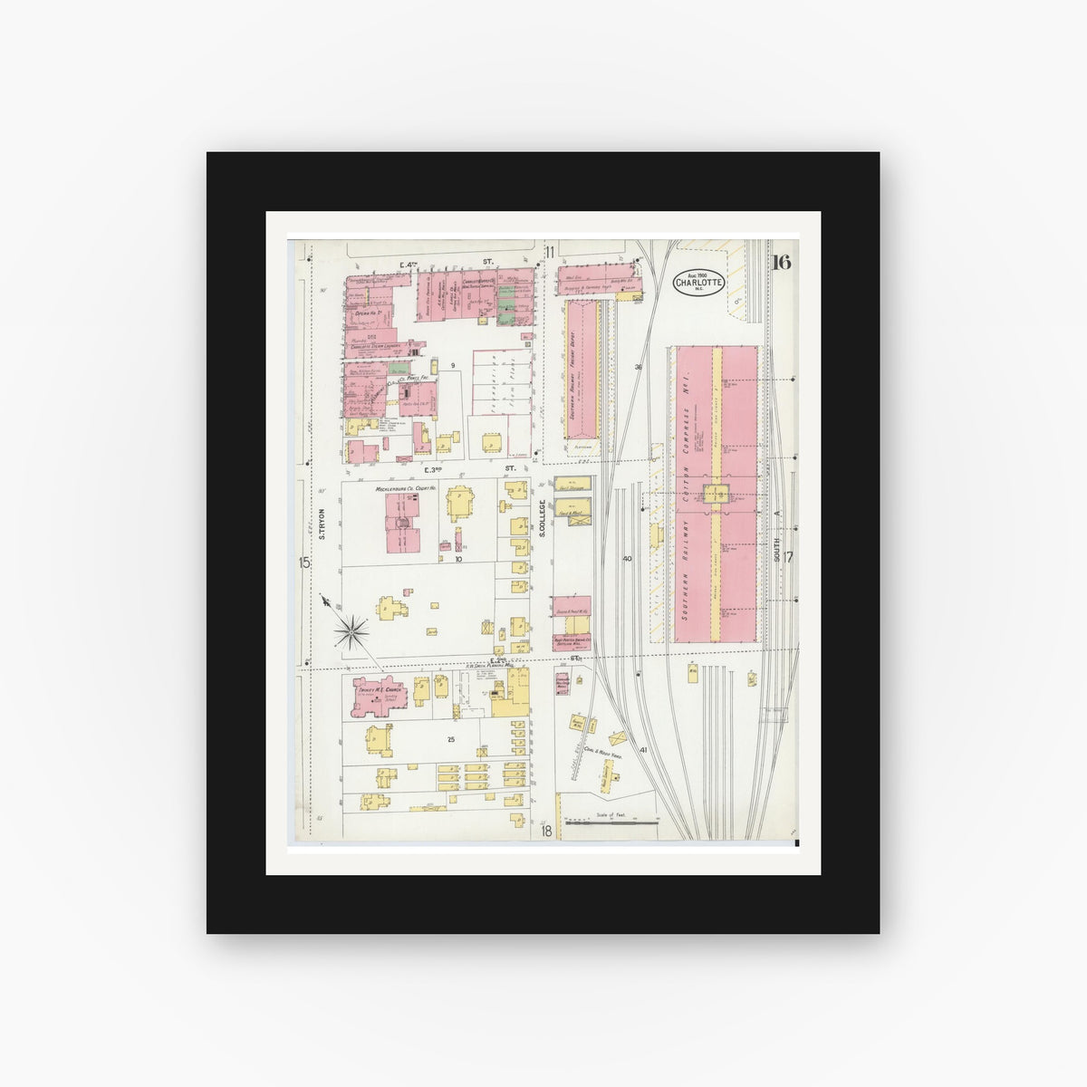 Old map wall art mockup — black gallery frame with white mat — Sanborn Fire Insurance Map from Charlotte, Mecklenburg County, North Carolina (1900), Sheet #0016