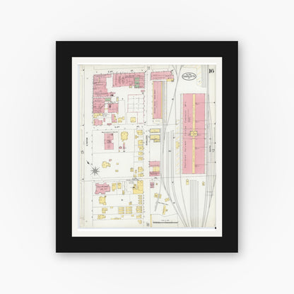Old map wall art mockup — black gallery frame with white mat — Sanborn Fire Insurance Map from Charlotte, Mecklenburg County, North Carolina (1900), Sheet #0016