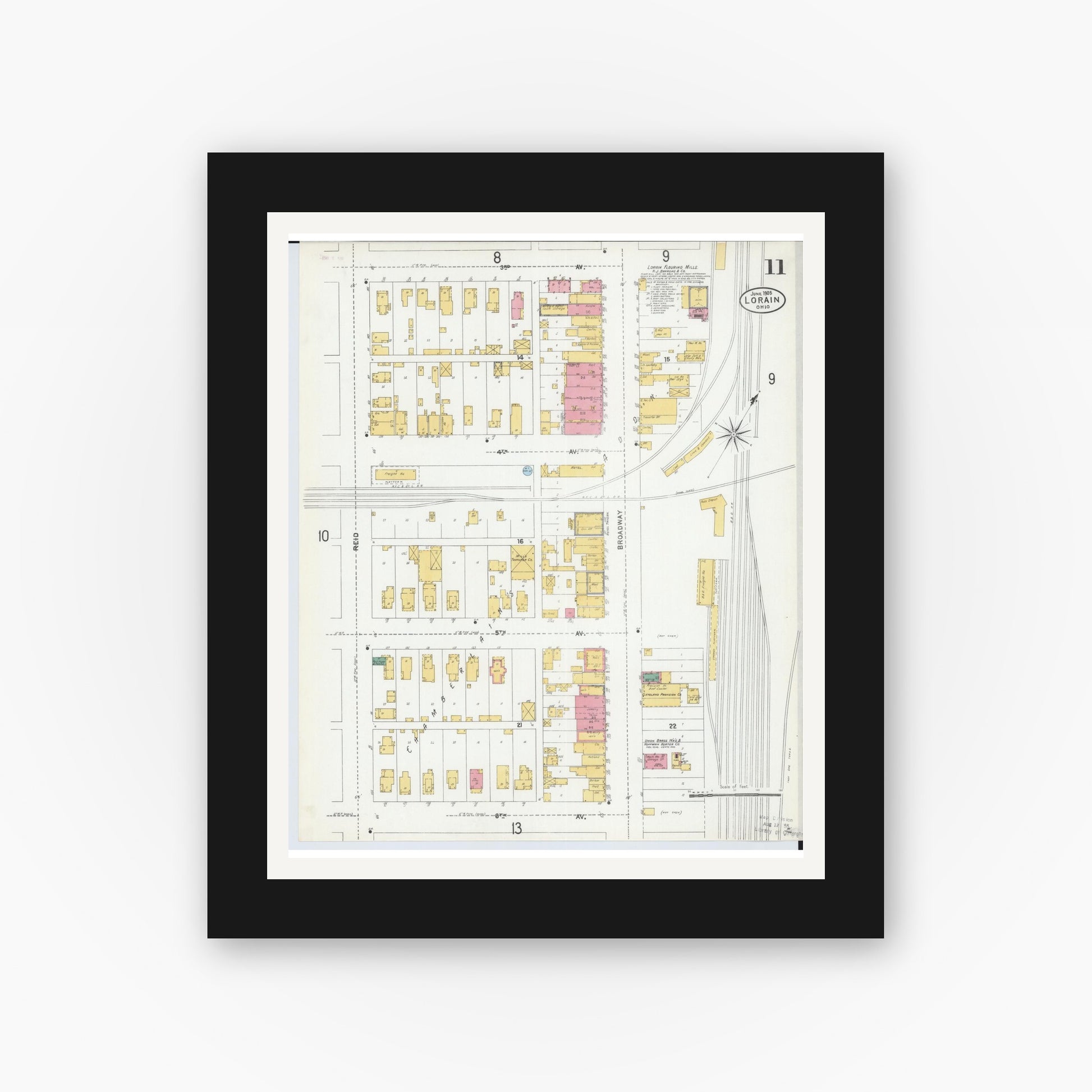 Old map wall art mockup — black gallery frame with white mat — Sanborn Fire Insurance Map from Lorain, Lorain County, Ohio (1905), Sheet #0011