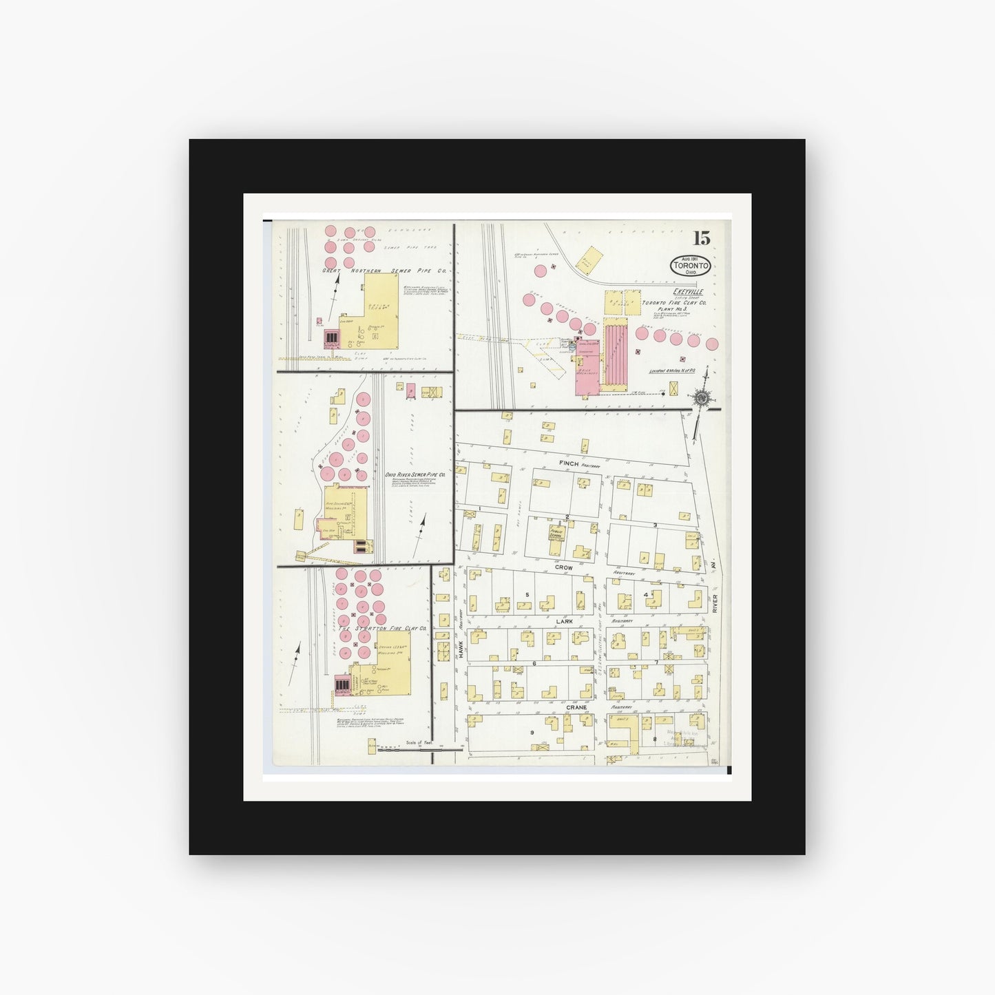 Old map wall art mockup — black gallery frame with white mat — Sanborn Fire Insurance Map from Toronto, Jefferson County, Ohio (1911), Sheet #0015