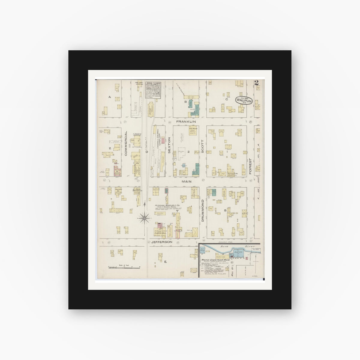 Old map wall art mockup — black gallery frame with white mat — Sanborn Fire Insurance Map from Waupun, Dodge and Fond du Lac Counties, Wisconsin (1885), Sheet #0002