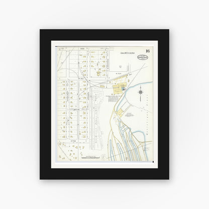 Old map wall art mockup — black gallery frame with white mat — Sanborn Fire Insurance Map from Manistique, Schoolcraft County, Michigan (1914), Sheet #0016