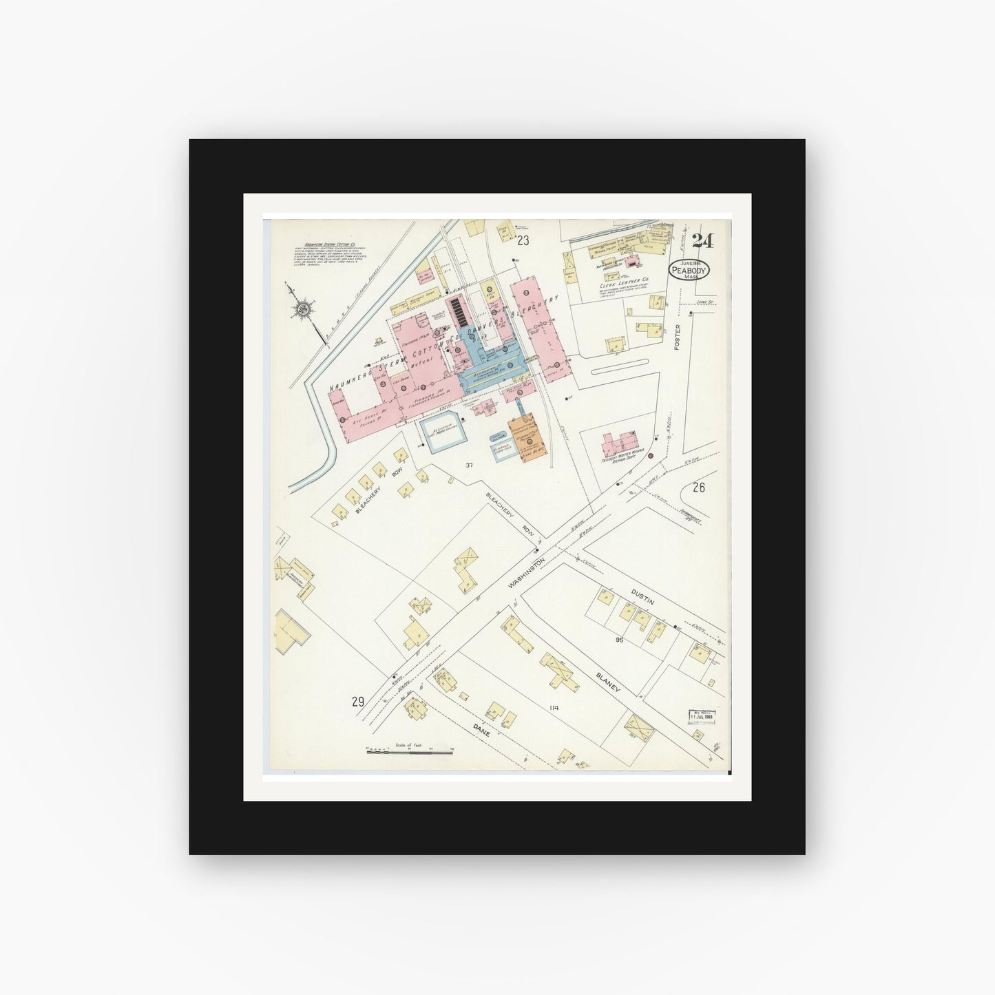 Old map wall art mockup — black gallery frame with white mat — Sanborn Fire Insurance Map from Peabody, Essex County, Massachusetts (1914), Sheet #0024