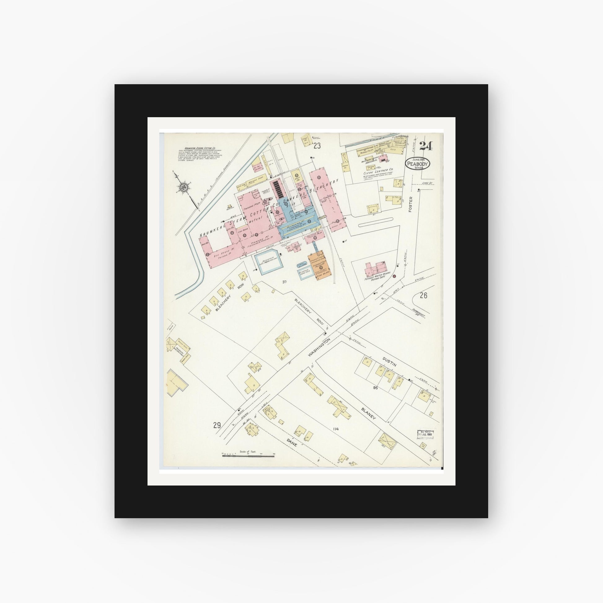 Old map wall art mockup — black gallery frame with white mat — Sanborn Fire Insurance Map from Peabody, Essex County, Massachusetts (1914), Sheet #0024