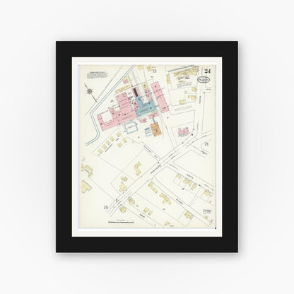 Old map wall art mockup — black gallery frame with white mat — Sanborn Fire Insurance Map from Peabody, Essex County, Massachusetts (1914), Sheet #0024