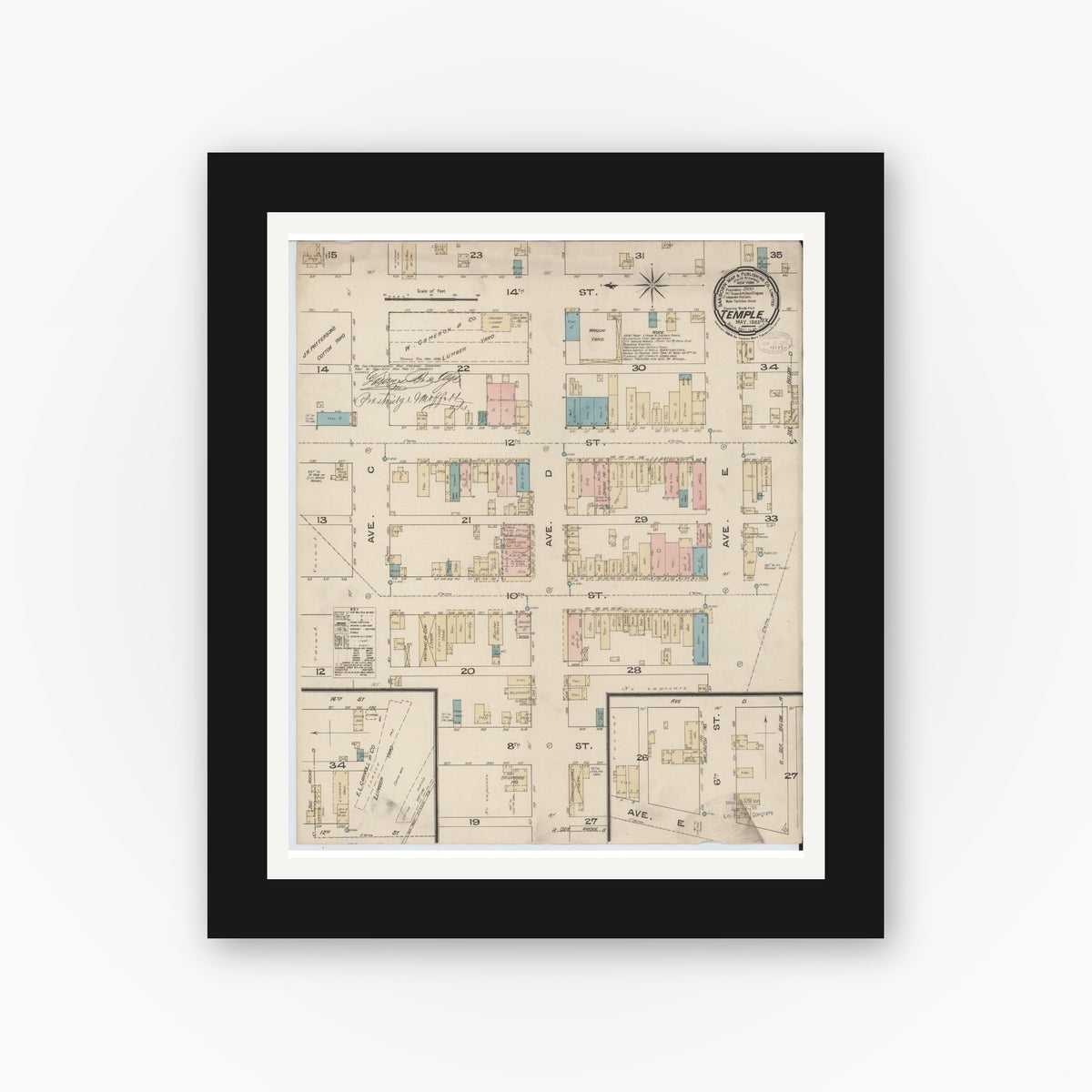 Old map wall art mockup — black gallery frame with white mat — Sanborn Fire Insurance Map from Temple, Bell County, Texas (1885), Sheet #0001