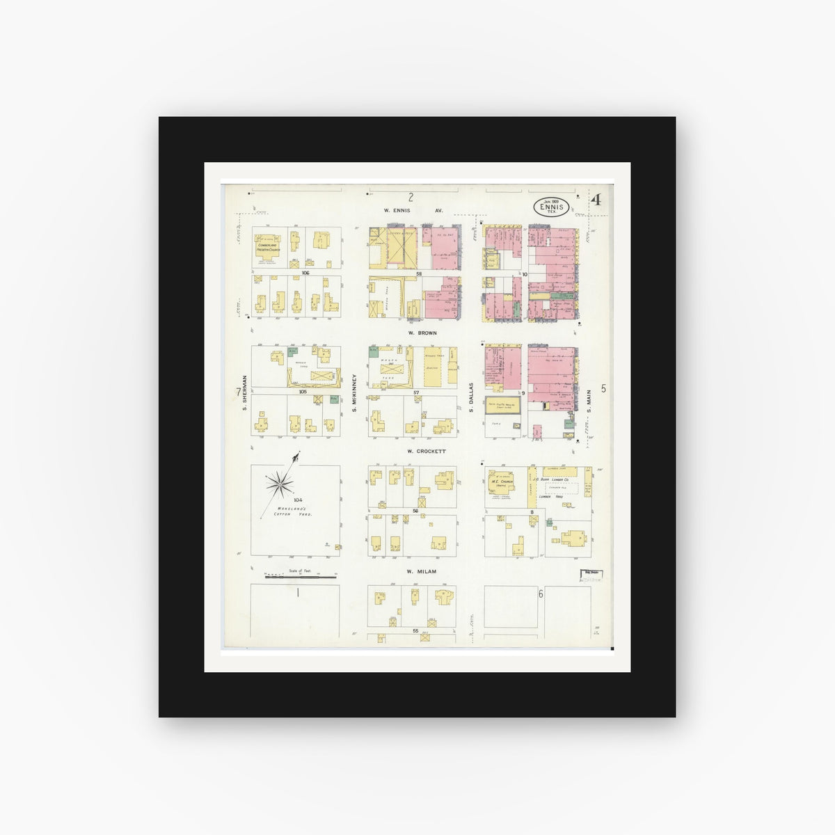 Old map wall art mockup — black gallery frame with white mat — Sanborn Fire Insurance Map from Ennis, Ellis County, Texas (1909), Sheet #0004