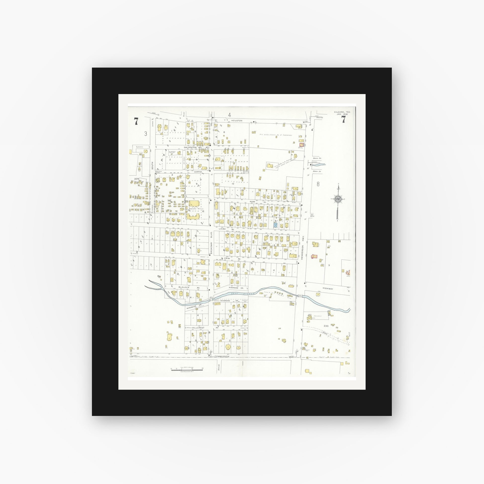 Old map wall art mockup — black gallery frame with white mat — Sanborn Fire Insurance Map from Kilgore, Gregg County, Texas (1936), Sheet #0007