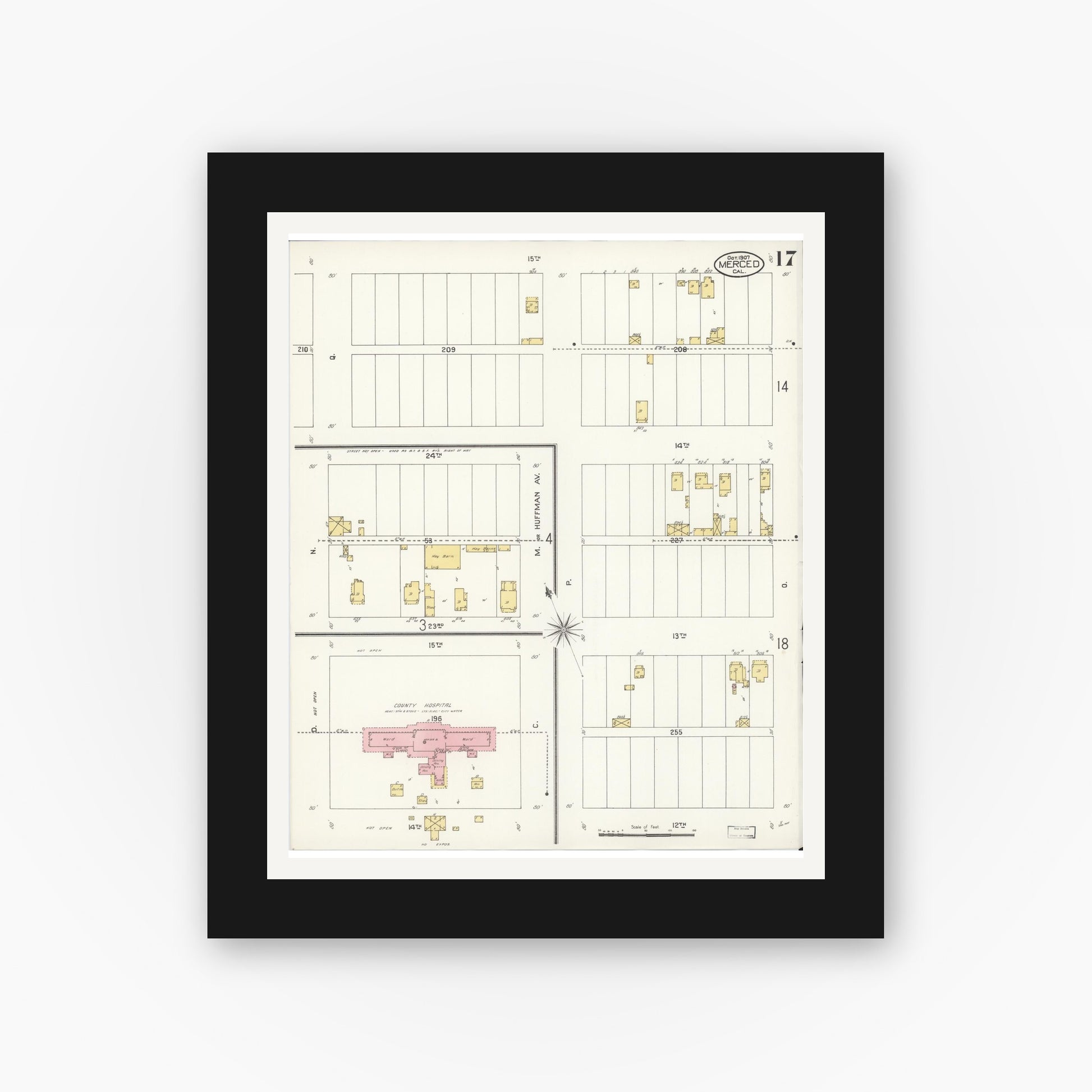 Old map wall art mockup — black gallery frame with white mat — Sanborn Fire Insurance Map from Merced, Merced County, California (1907), Sheet #0017