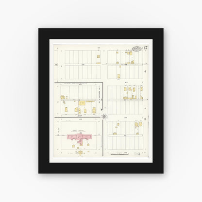 Old map wall art mockup — black gallery frame with white mat — Sanborn Fire Insurance Map from Merced, Merced County, California (1907), Sheet #0017