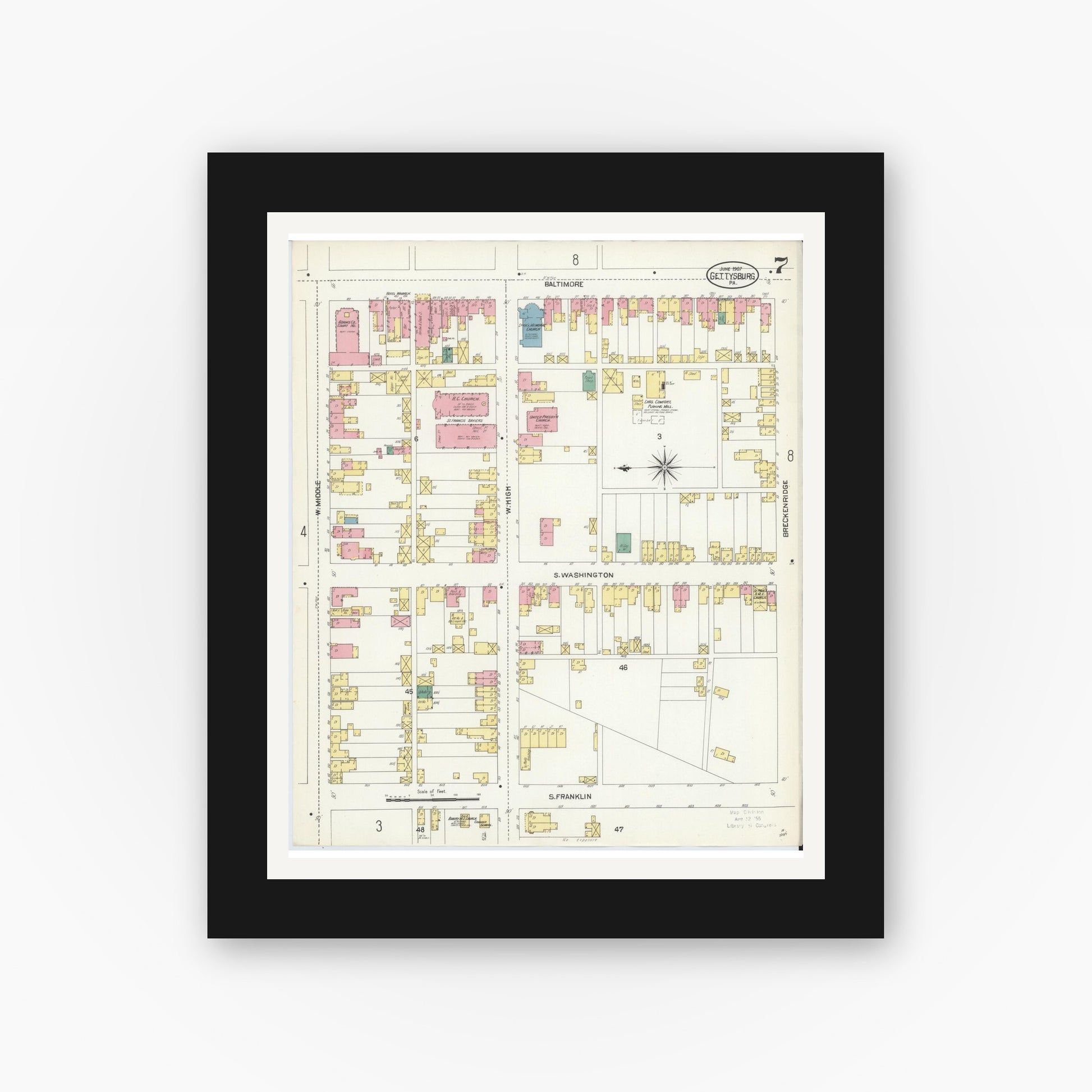 Old map wall art mockup — black gallery frame with white mat — Sanborn Fire Insurance Map from Gettysburg, Adams County, Pennsylvania (1907), Sheet #0007