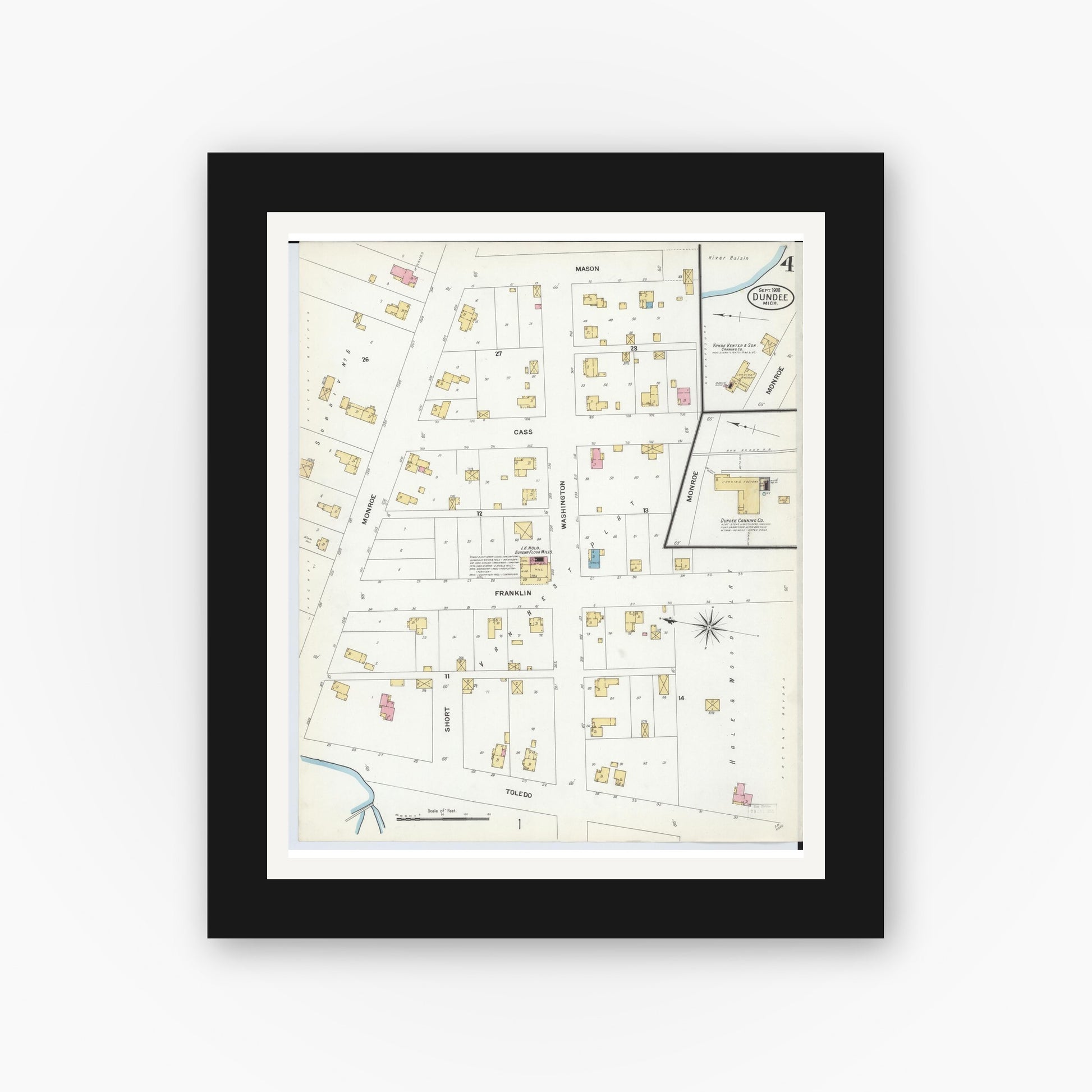 Old map wall art mockup — black gallery frame with white mat — Sanborn Fire Insurance Map from Dundee, Monroe County, Michigan (1908), Sheet #0004