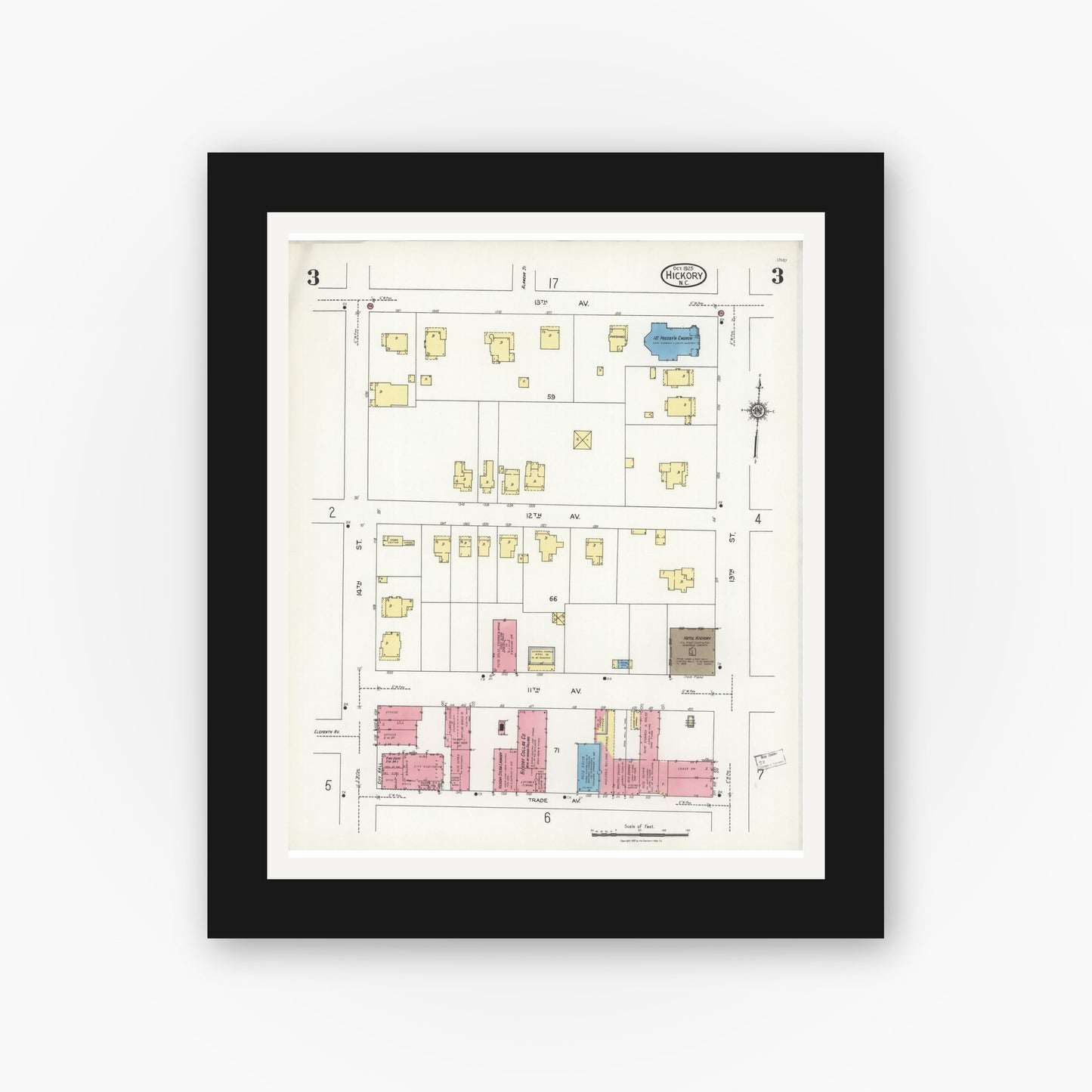 Old map wall art mockup — black gallery frame with white mat — Sanborn Fire Insurance Map from Hickory, Catawba County, North Carolina (1925), Sheet #0003