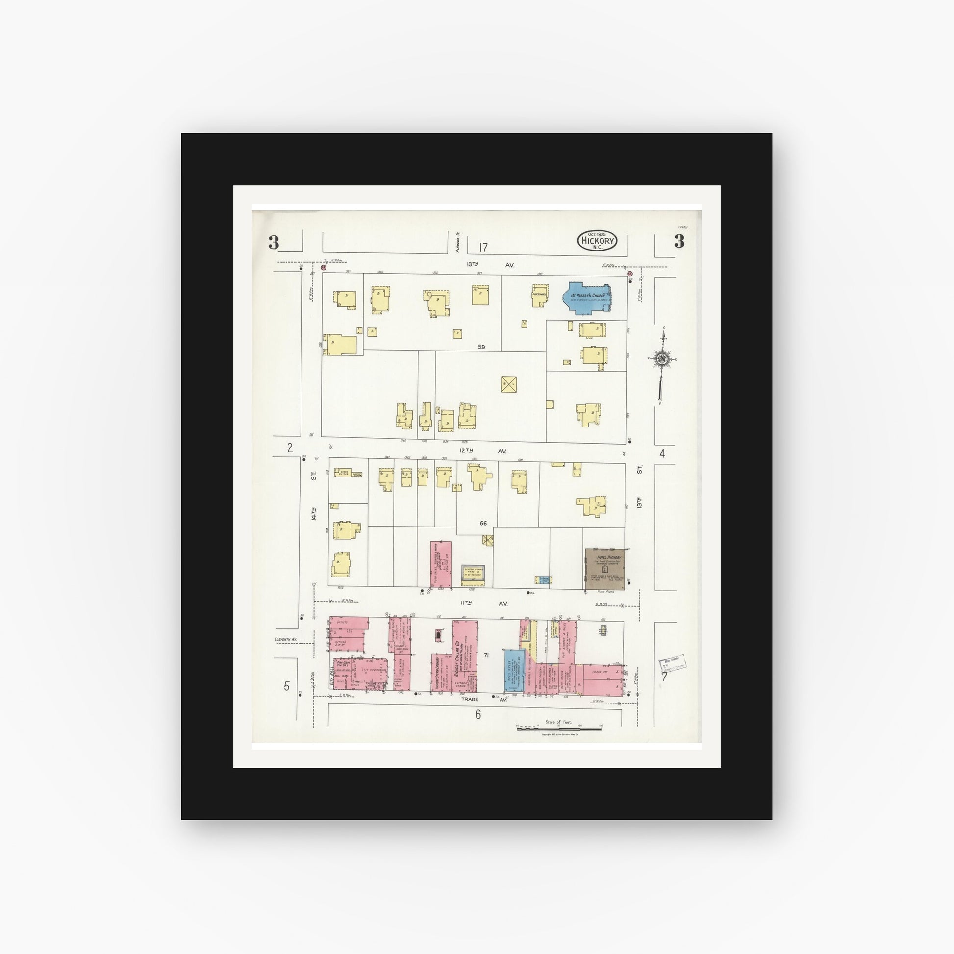 Old map wall art mockup — black gallery frame with white mat — Sanborn Fire Insurance Map from Hickory, Catawba County, North Carolina (1925), Sheet #0003