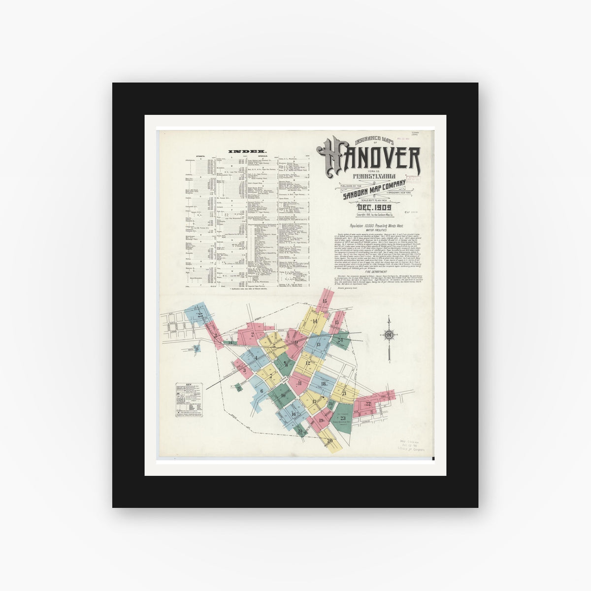 Old map wall art mockup — black gallery frame with white mat — Sanborn Fire Insurance Map from Hanover, York County, Pennsylvania (1909), Sheet #0001