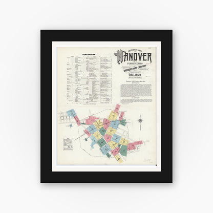 Old map wall art mockup — black gallery frame with white mat — Sanborn Fire Insurance Map from Hanover, York County, Pennsylvania (1909), Sheet #0001