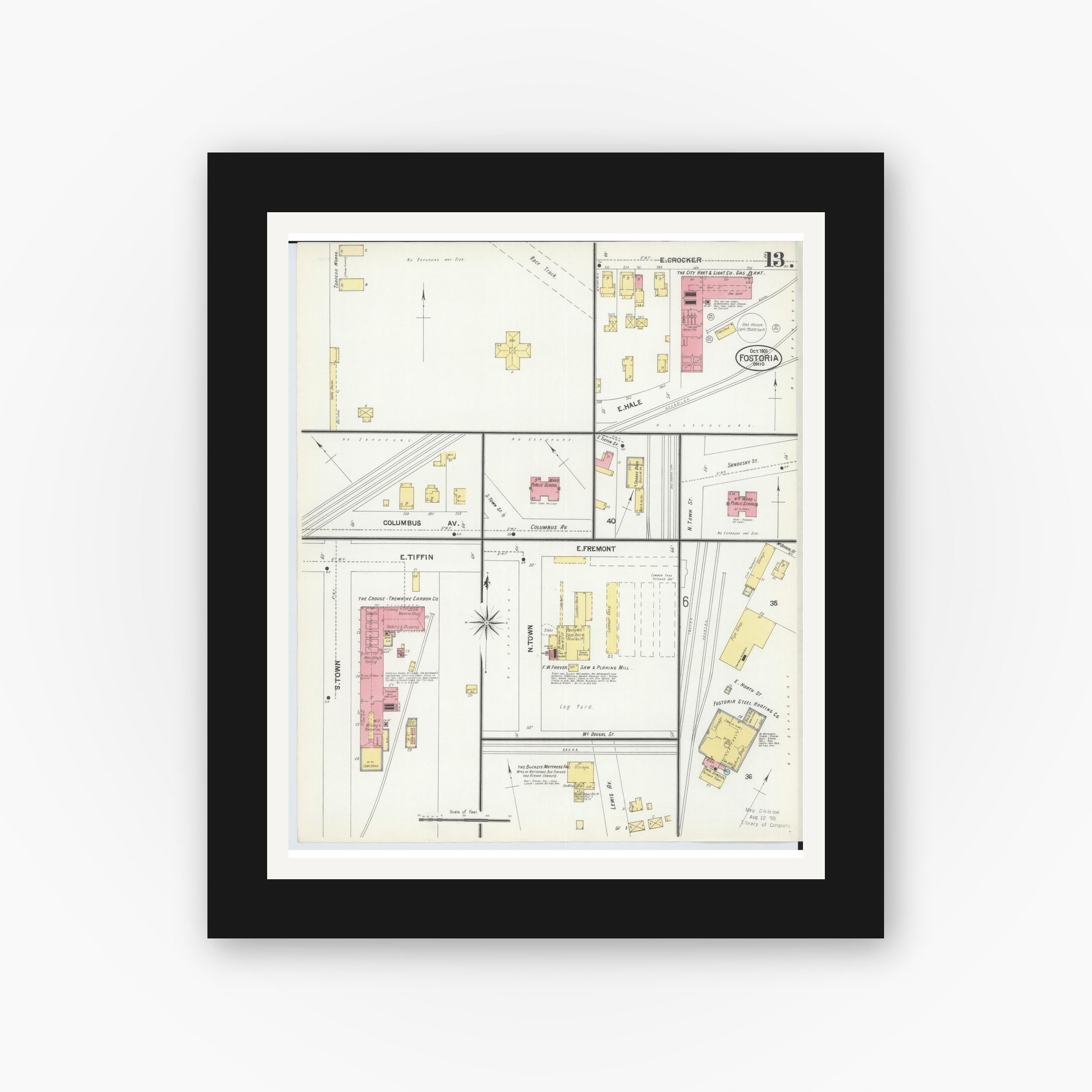 Old map wall art mockup — black gallery frame with white mat — Sanborn Fire Insurance Map from Fostoria, Seneca, Hancock, And Wood Counties, Ohio (1901), Sheet #0013