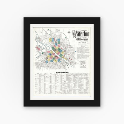 Old map wall art mockup — black gallery frame with white mat — Sanborn Fire Insurance Map from Waterloo, Black Hawk County, Iowa (1910), Sheet #0001