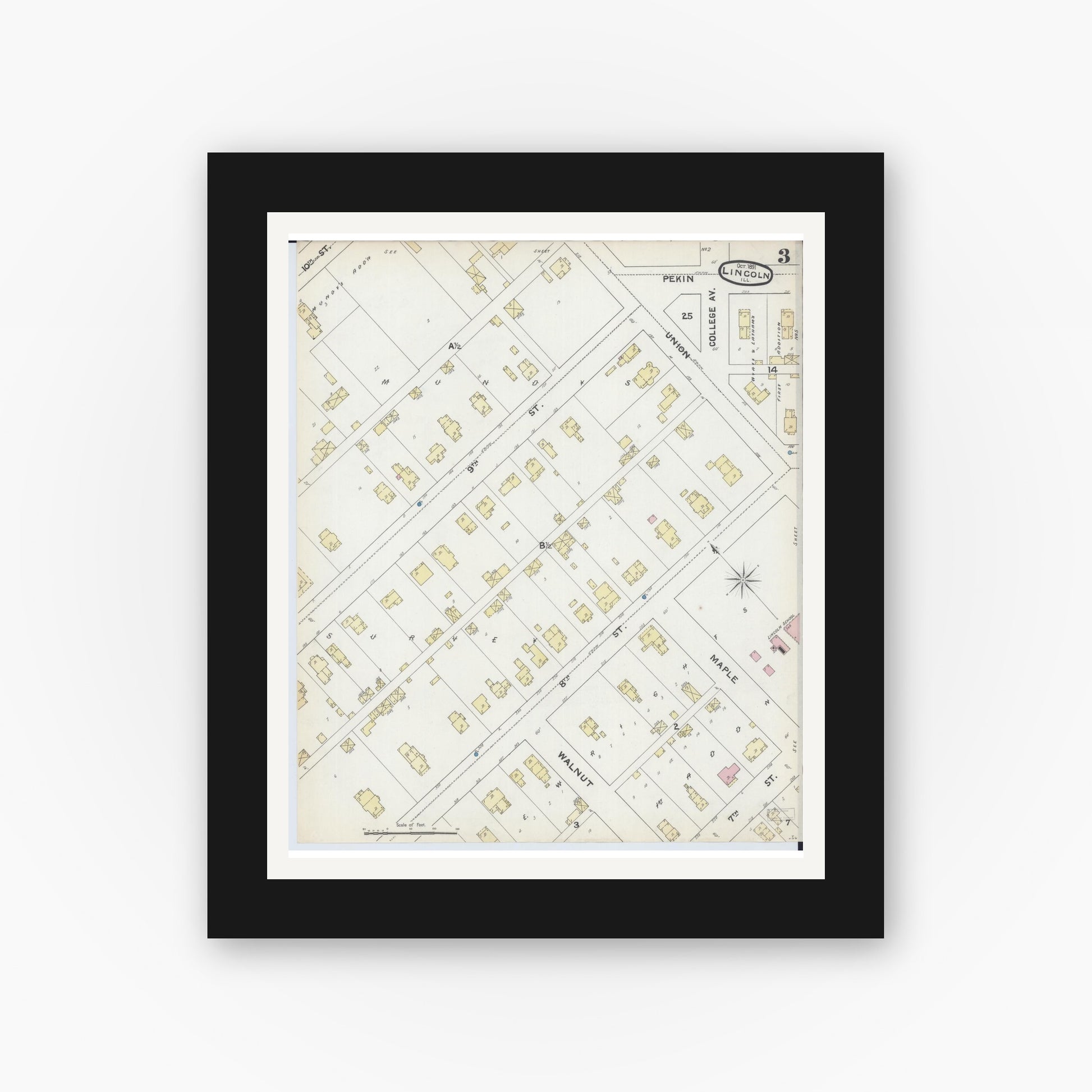 Old map wall art mockup — black gallery frame with white mat — Sanborn Fire Insurance Map from Lincoln, Logan County, Illinois (1891), Sheet #0003