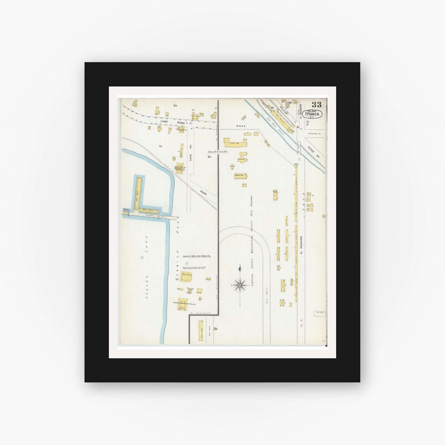 Old map wall art mockup — black gallery frame with white mat — Sanborn Fire Insurance Map from Ithaca, Tompkins County, New York (1904), Sheet #0033