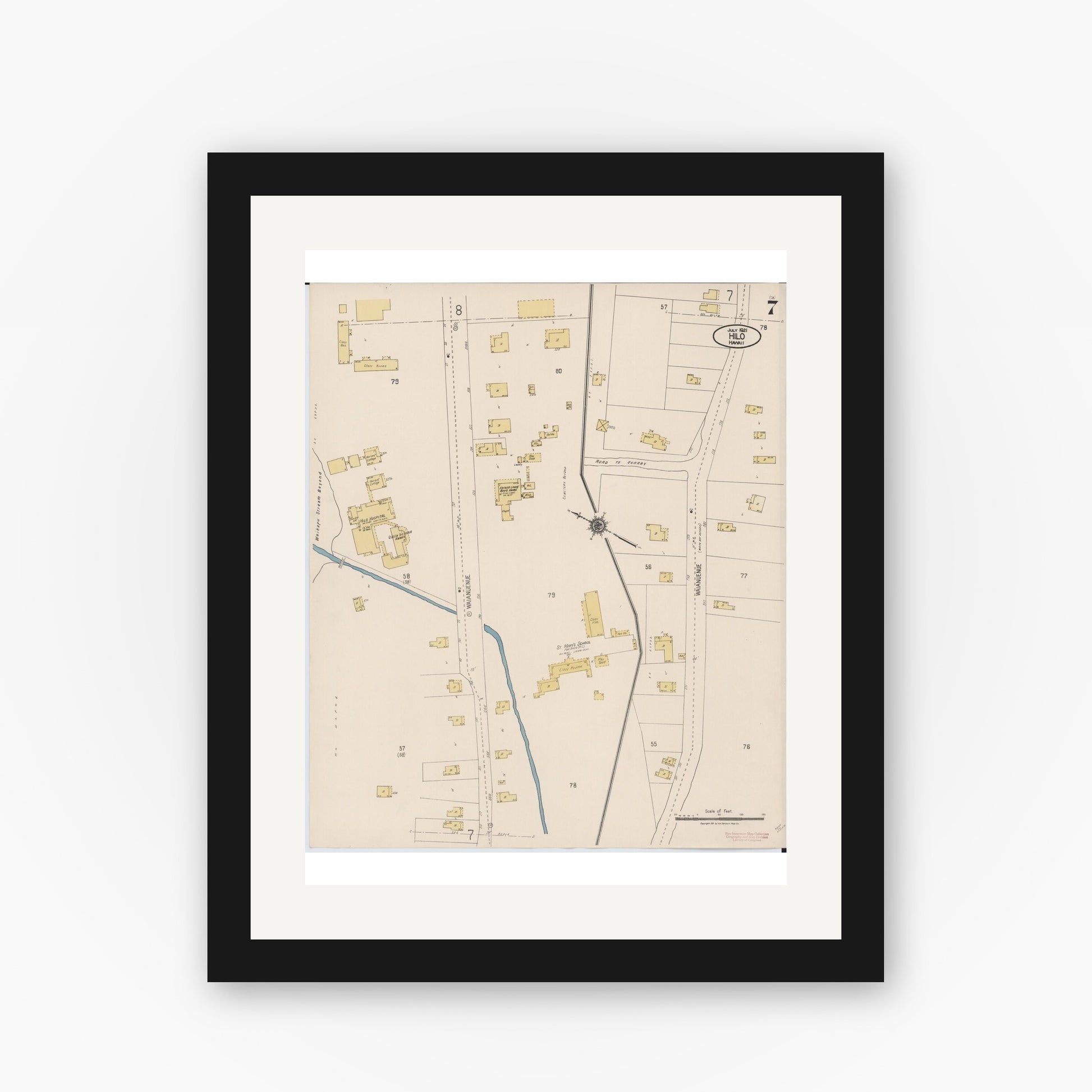 Old map wall art mockup — black gallery frame with white mat — Sanborn Fire Insurance Map from Hilo, Hawaii County, Hawaii (1921), Sheet #0007