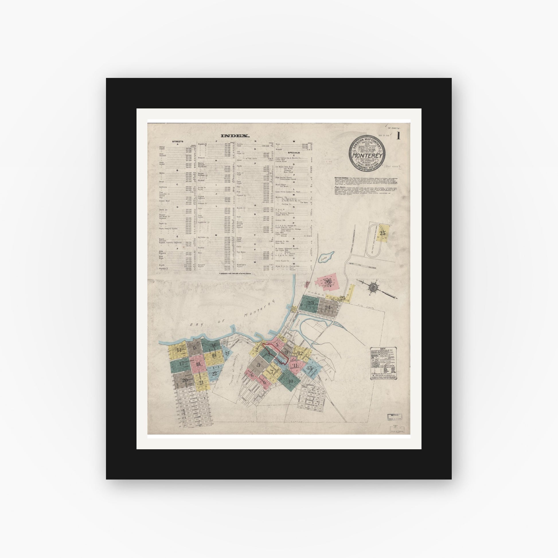 Old map wall art mockup — black gallery frame with white mat — Sanborn Fire Insurance Map from Monterey, Monterey County, California (1912) - Complete Map Set