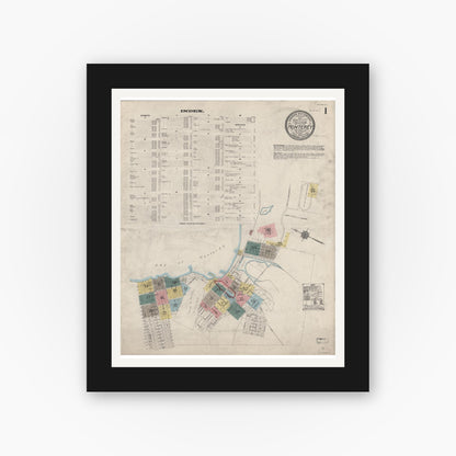 Old map wall art mockup — black gallery frame with white mat — Sanborn Fire Insurance Map from Monterey, Monterey County, California (1912) - Complete Map Set