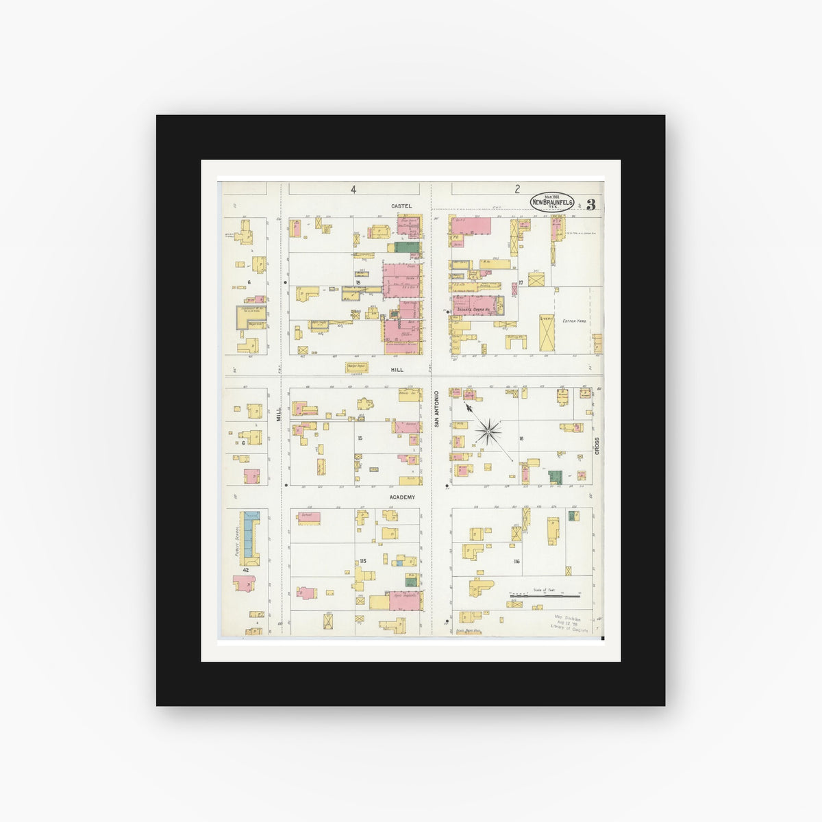 Old map wall art mockup — black gallery frame with white mat — Sanborn Fire Insurance Map from New Braunfels, Comal County, Texas (1902), Sheet #0003