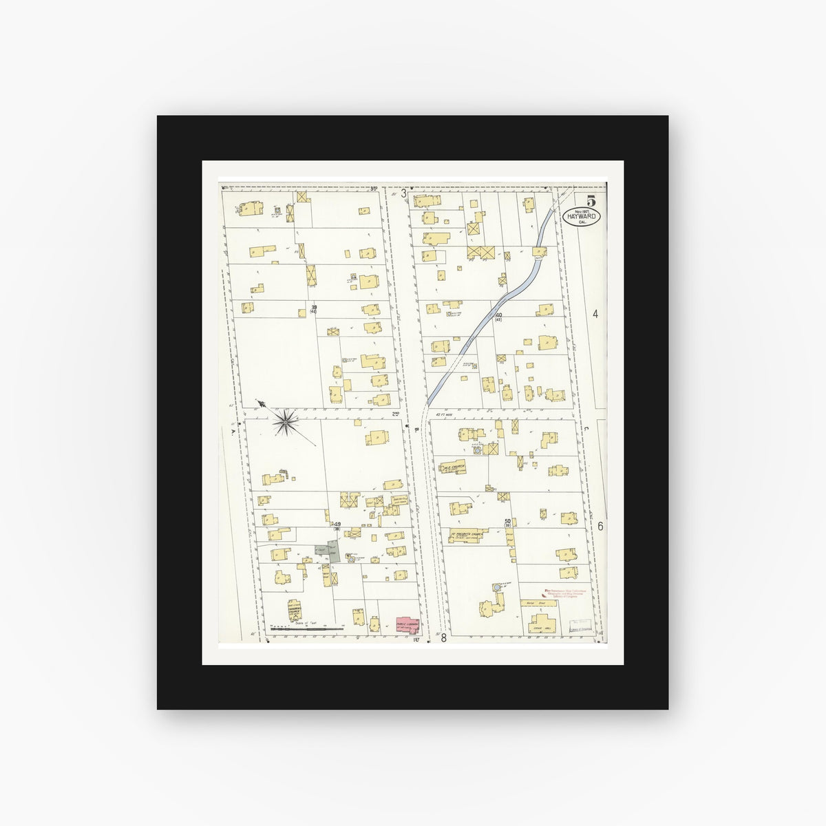 Old map wall art mockup — black gallery frame with white mat — Sanborn Fire Insurance Map from Hayward, Alameda County, California (1907), Sheet #0005