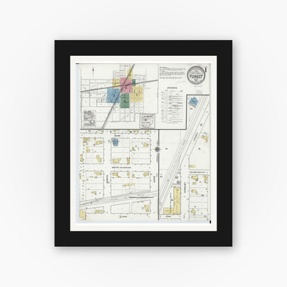 Old map wall art mockup — black gallery frame with white mat — Sanborn Fire Insurance Map from Forest, Hardin County, Ohio (1921), Sheet #0001