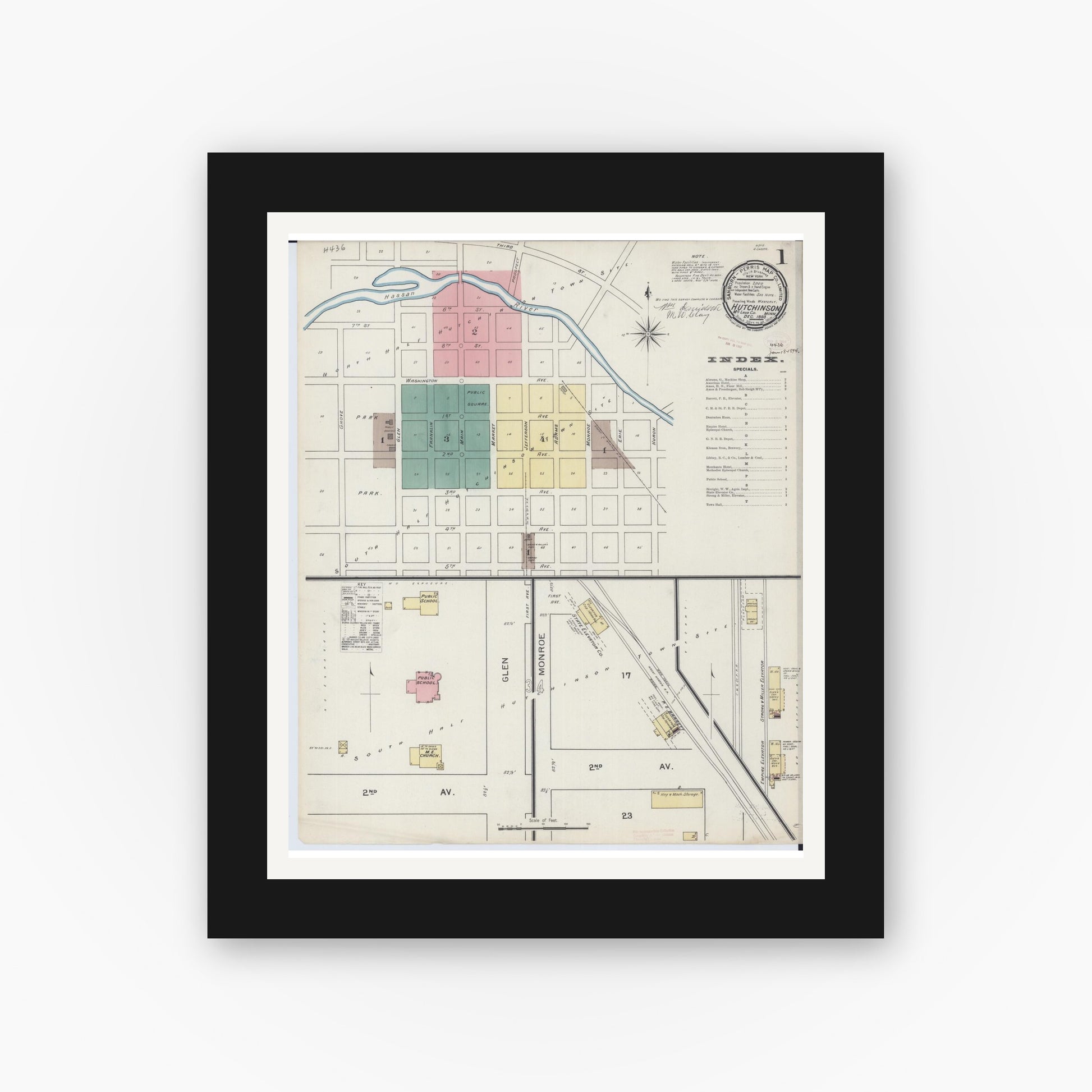 Old map wall art mockup — black gallery frame with white mat — Sanborn Fire Insurance Map from Hutchinson, Mcleod County, Minnesota (1893), Sheet #0001