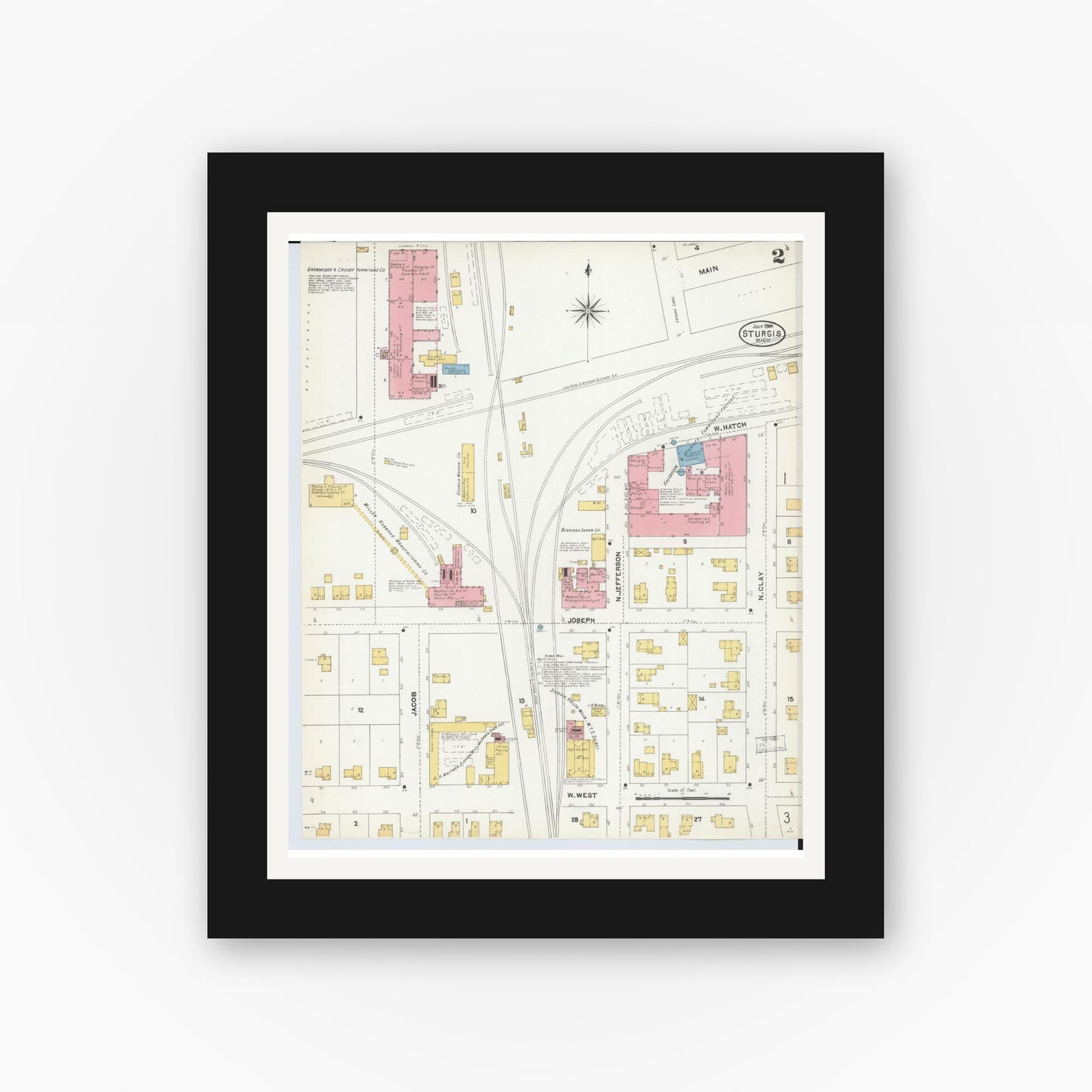 Old map wall art mockup — black gallery frame with white mat — Sanborn Fire Insurance Map from Sturgis, Saint Joseph County, Michigan (1904), Sheet #0002