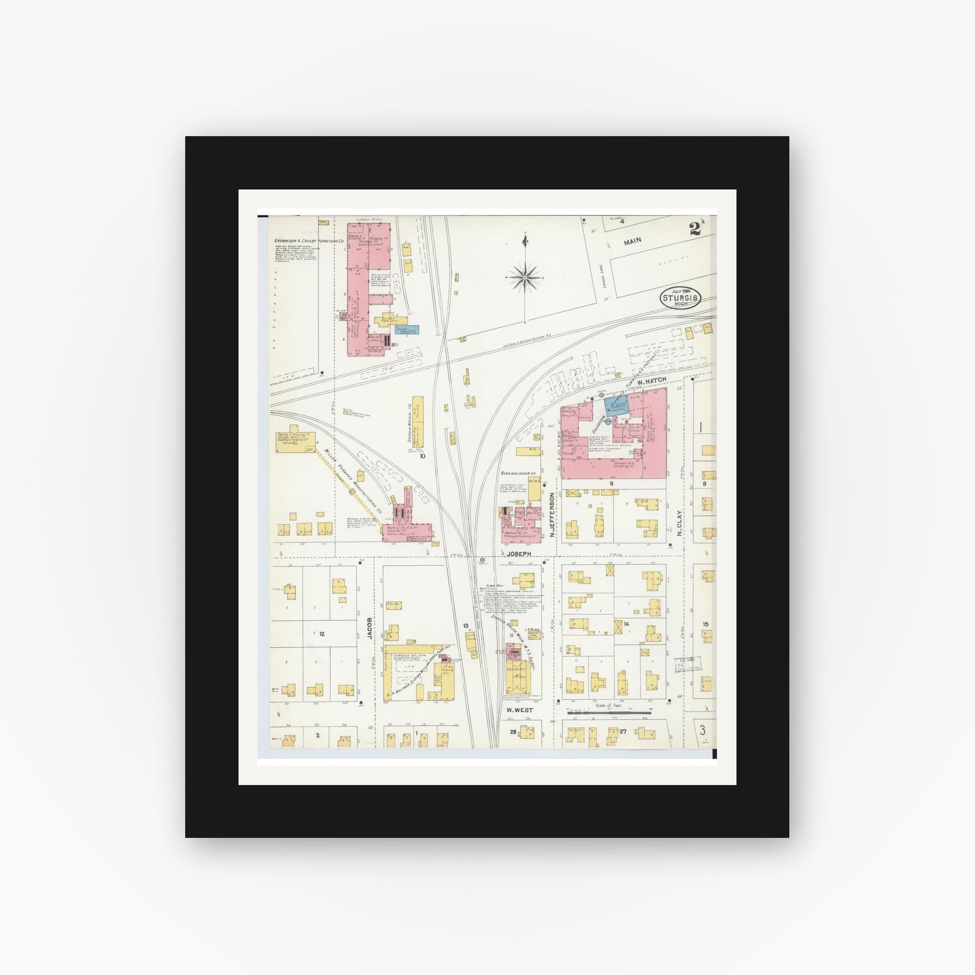 Old map wall art mockup — black gallery frame with white mat — Sanborn Fire Insurance Map from Sturgis, Saint Joseph County, Michigan (1904), Sheet #0002