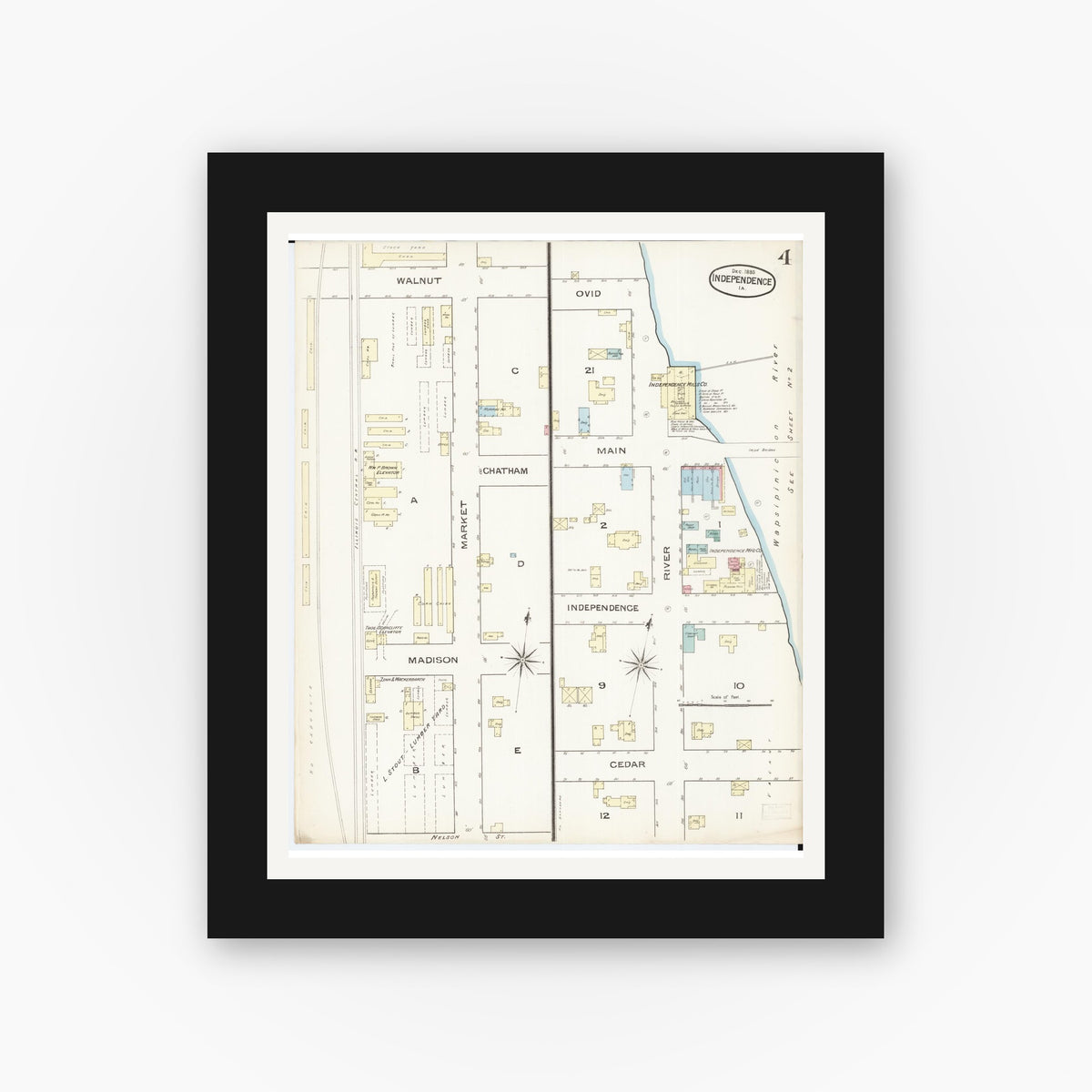 Old map wall art mockup — black gallery frame with white mat — Sanborn Fire Insurance Map from Independence, Buchanan County, Iowa (1885), Sheet #0004