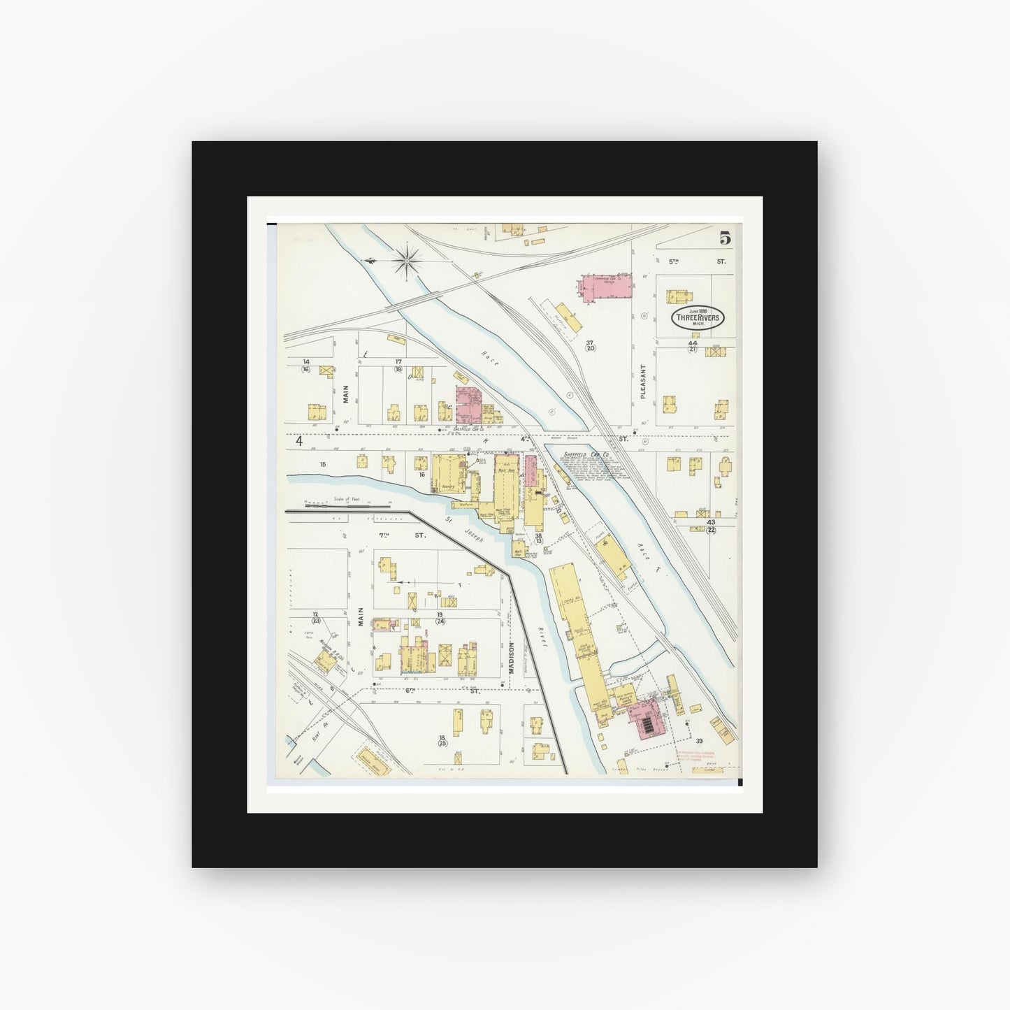 Old map wall art mockup — black gallery frame with white mat — Sanborn Fire Insurance Map from Three Rivers, Saint Joseph County, Michigan (1899), Sheet #0005