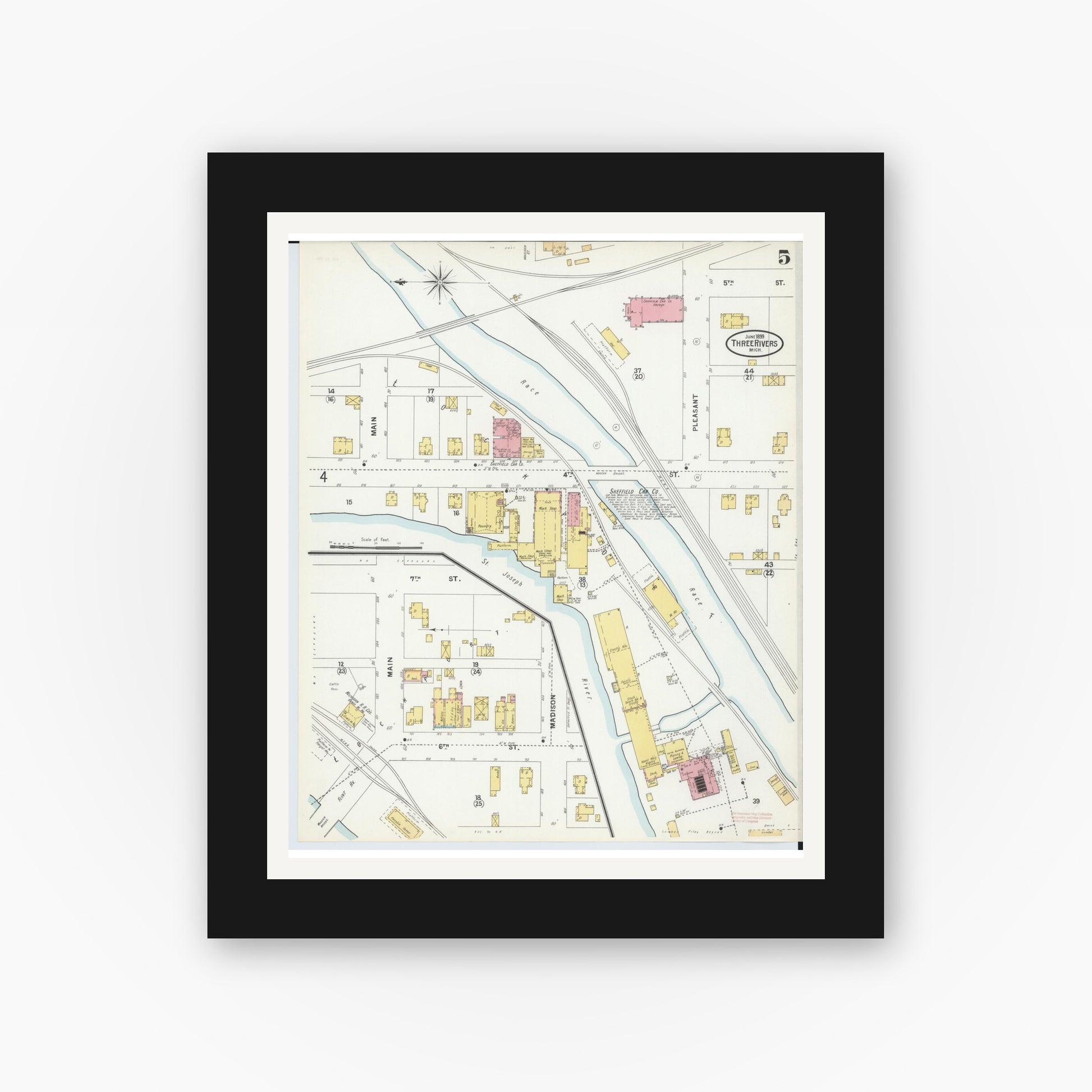 Old map wall art mockup — black gallery frame with white mat — Sanborn Fire Insurance Map from Three Rivers, Saint Joseph County, Michigan (1899), Sheet #0005