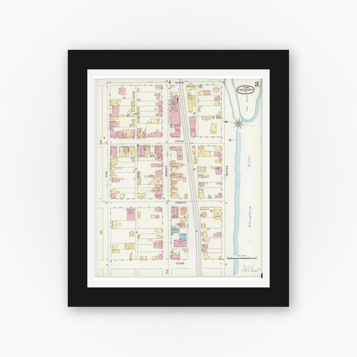 Old map wall art mockup — black gallery frame with white mat — Sanborn Fire Insurance Map from Freeport, Armstrong County, Pennsylvania (1897), Sheet #0003