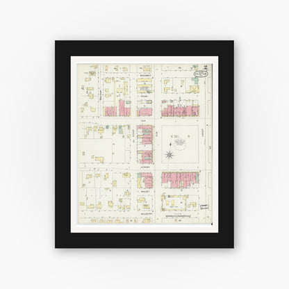 Old map wall art mockup — black gallery frame with white mat — Sanborn Fire Insurance Map from Denton, Denton County, Texas (1896), Sheet #0002