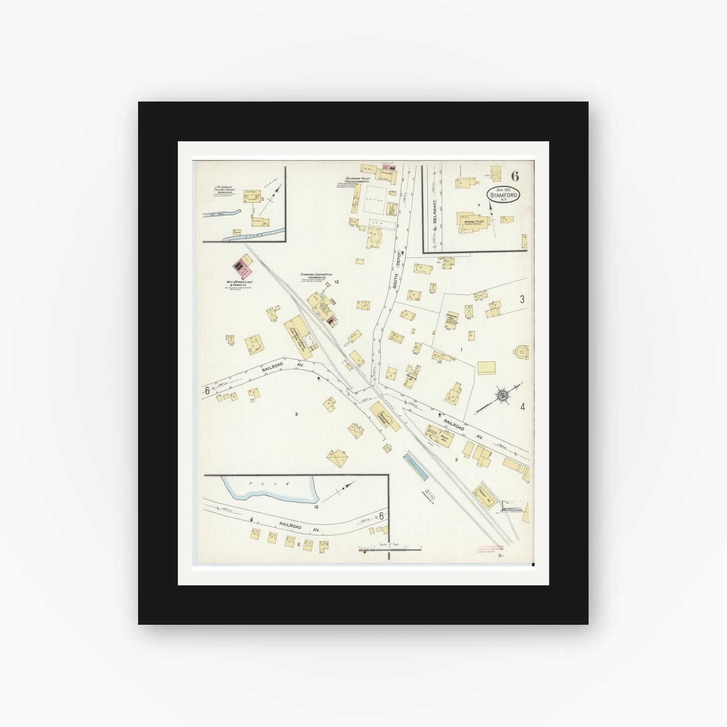 Old map wall art mockup — black gallery frame with white mat — Sanborn Fire Insurance Map from Stamford, Delaware County, New York (1912), Sheet #0006